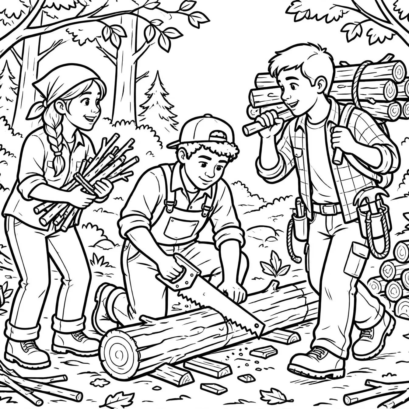 Young Travelers Gathering Forest Timber