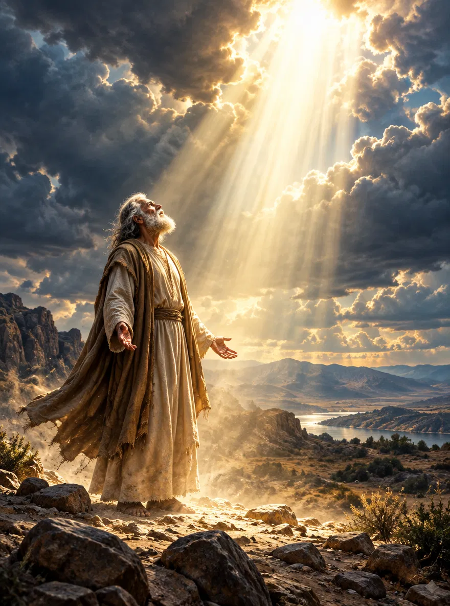 Old Man Looking Up as Light Breaks From Heaven