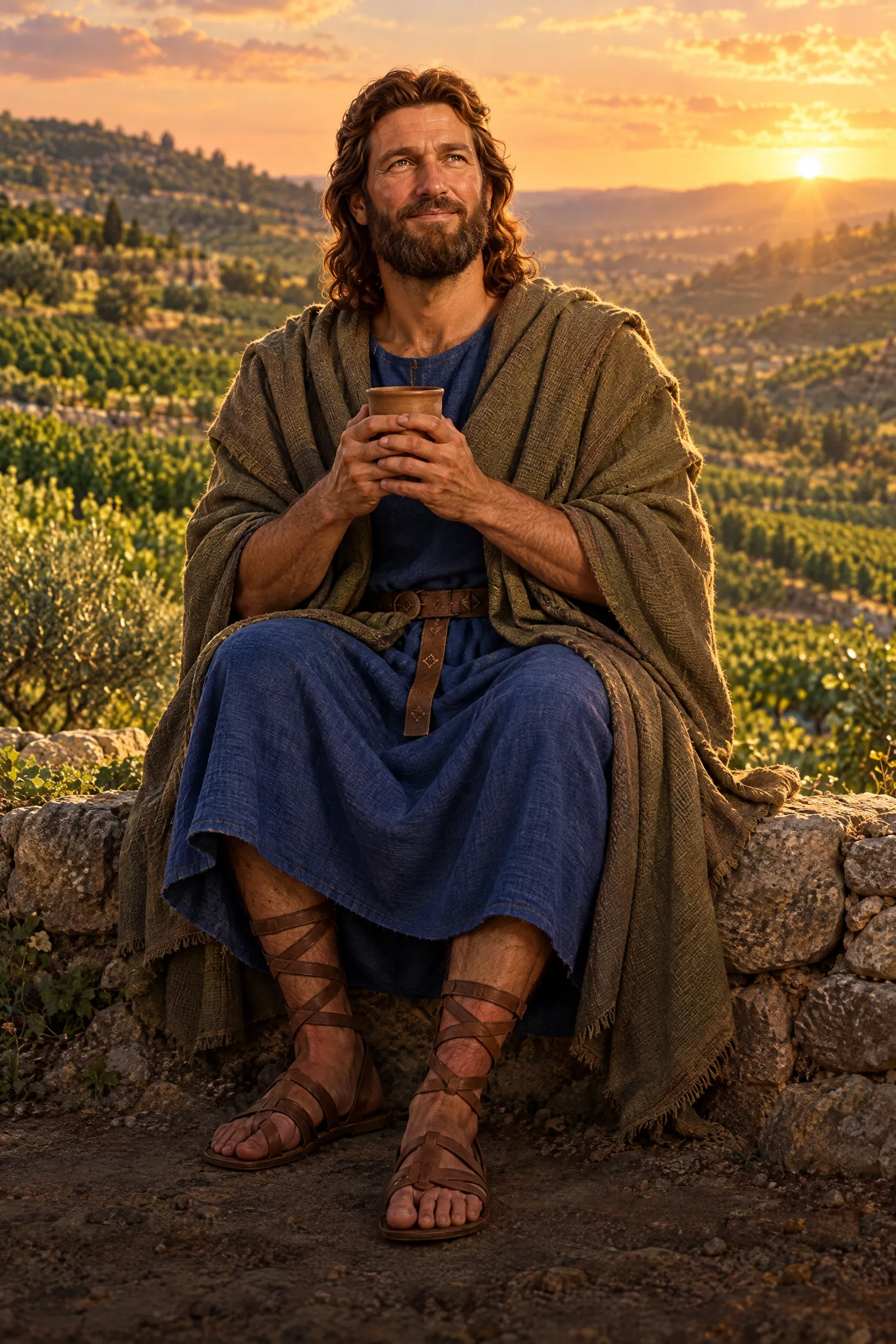 David Holds a Cup Above the Vineyards