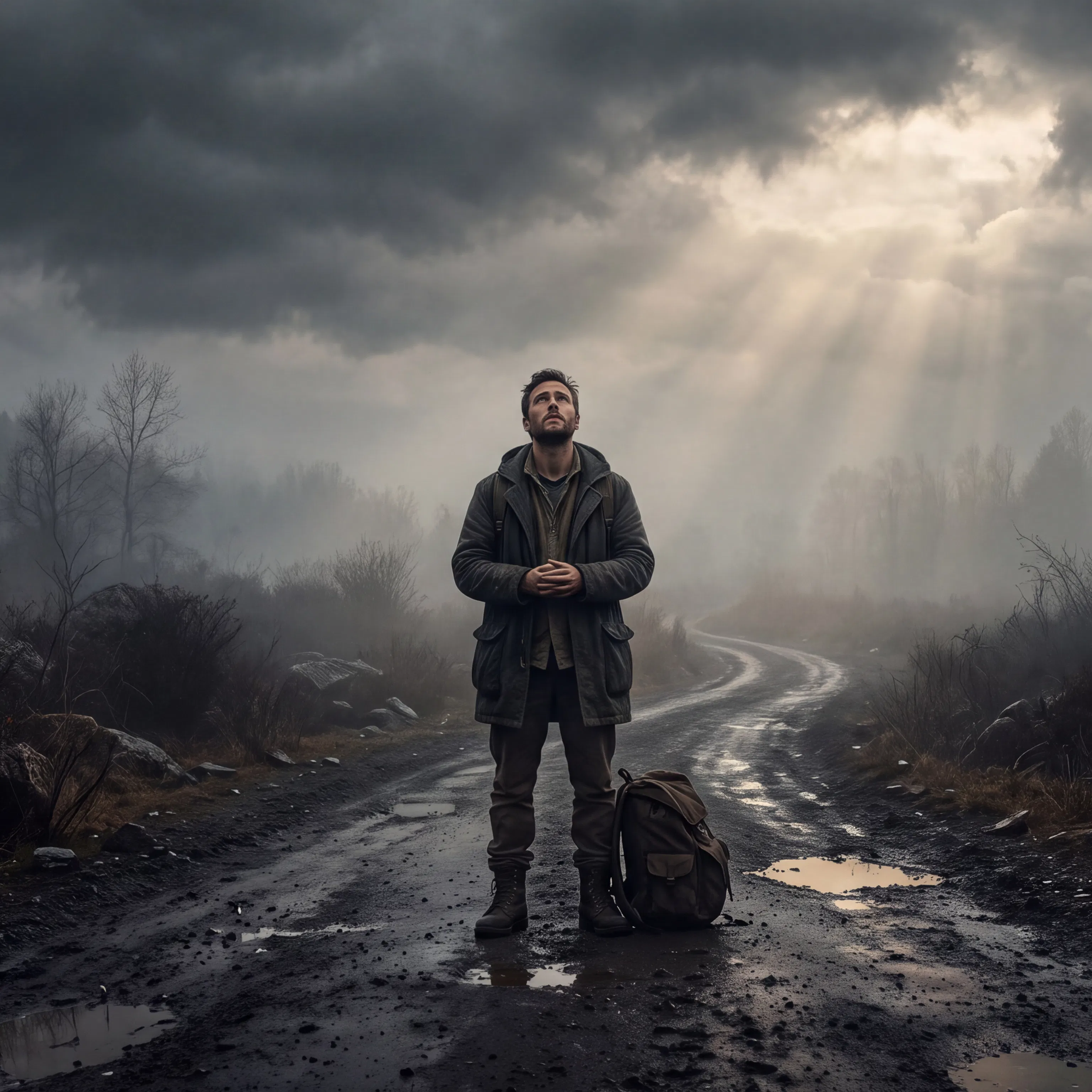 Traveler Looks Up on a Muddy Road