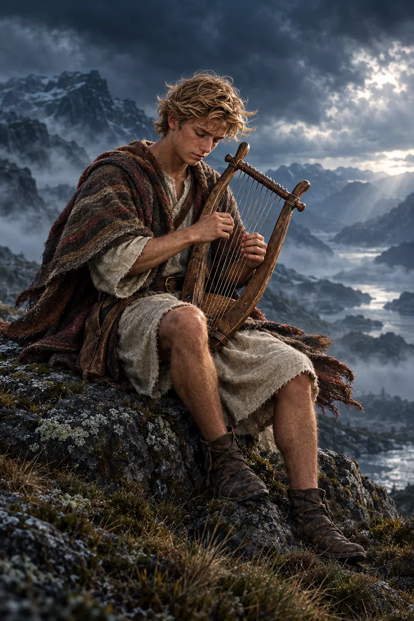 Young David Plays His Harp on a Mountainside