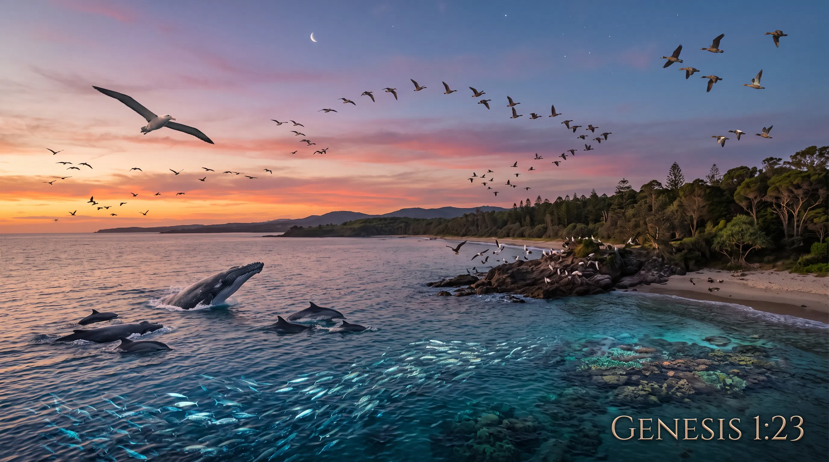Birds and Whales at Dusk Over the Sea