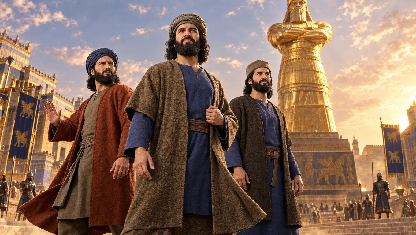 Three Hebrews Stand Before the Golden Statue