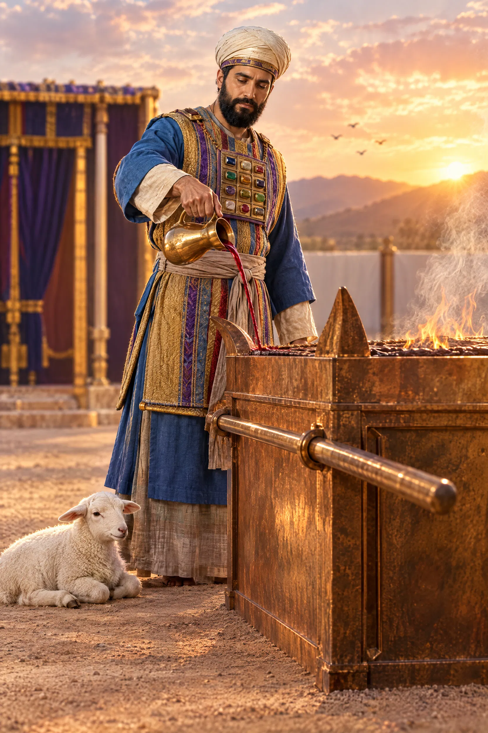 Priest Pours the Drink Offering Beside the Lamb