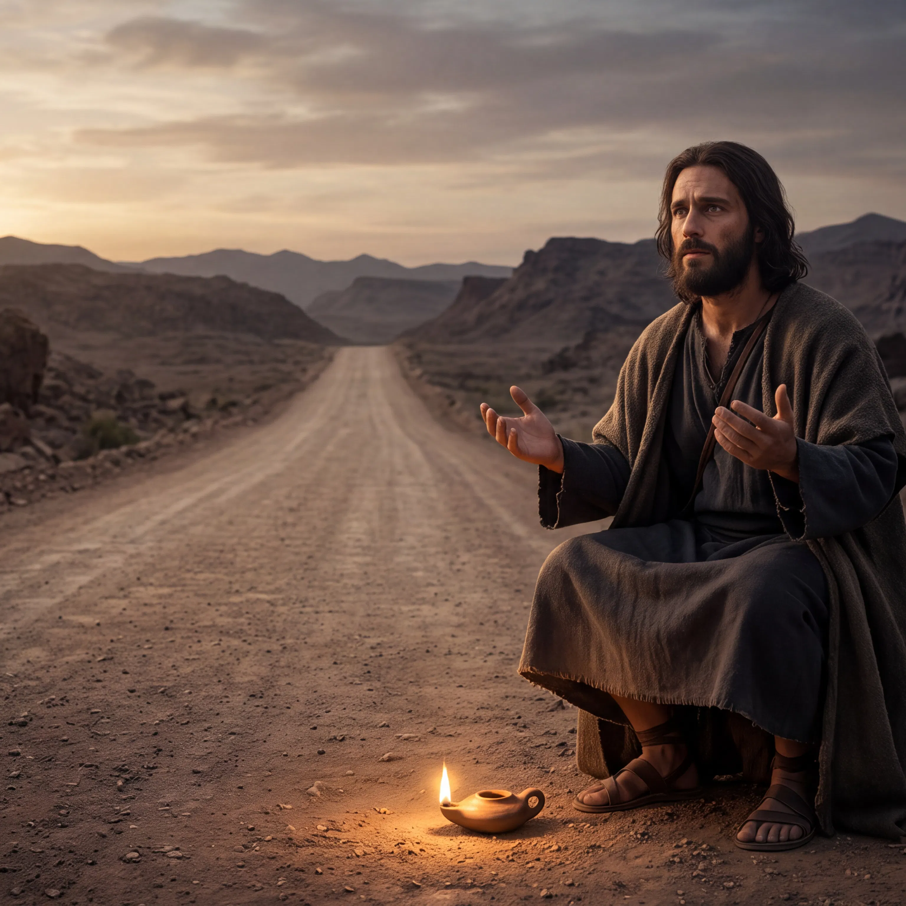 Man Kneels in Prayer Beside Oil Lamp on Desert Road