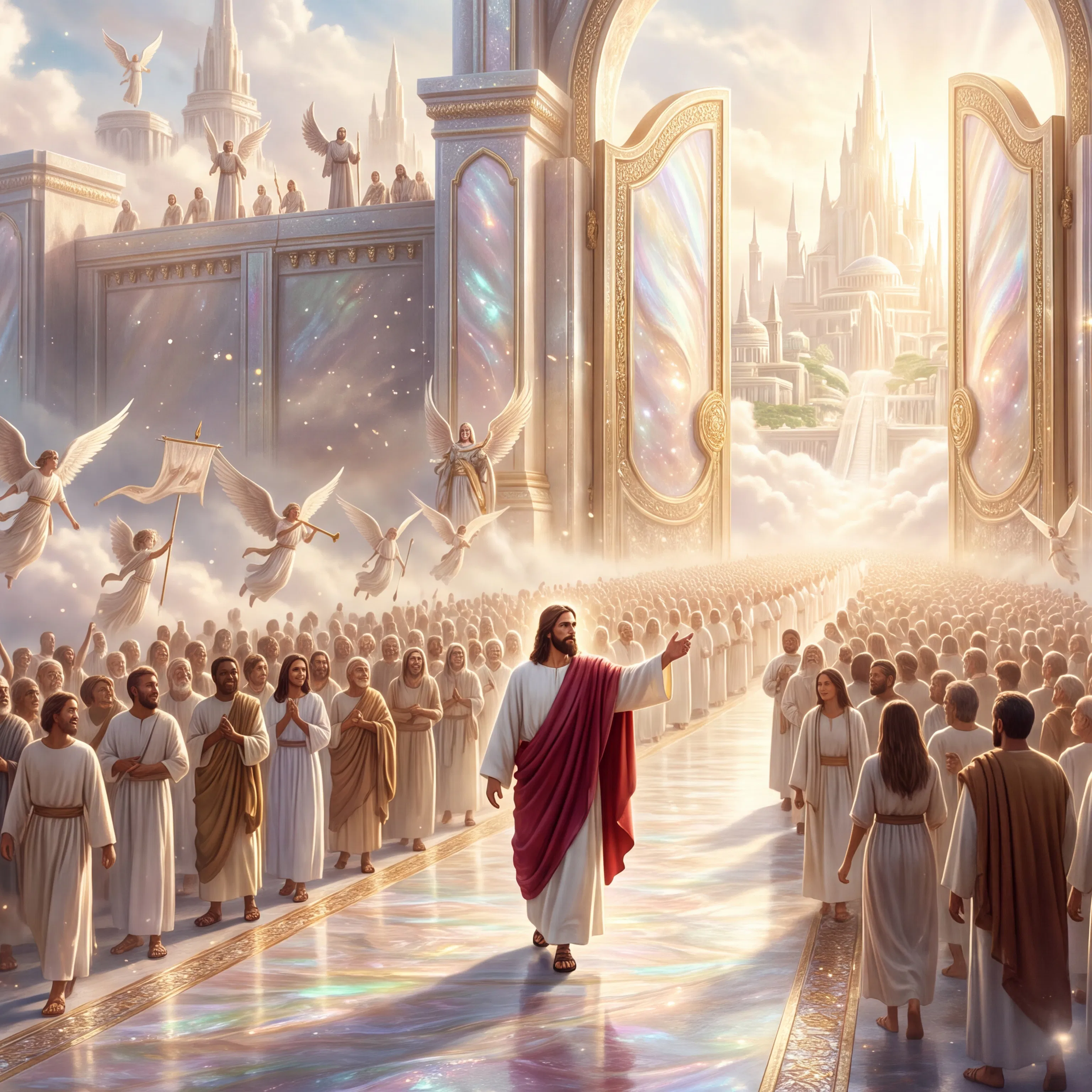 Jesus Leads a Crowd Toward the Gates of Heaven