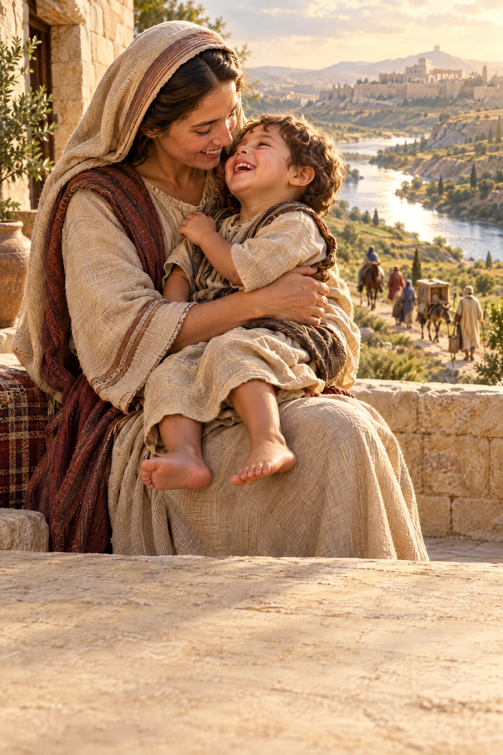 A Mother Comforts Her Child Above a Peaceful River