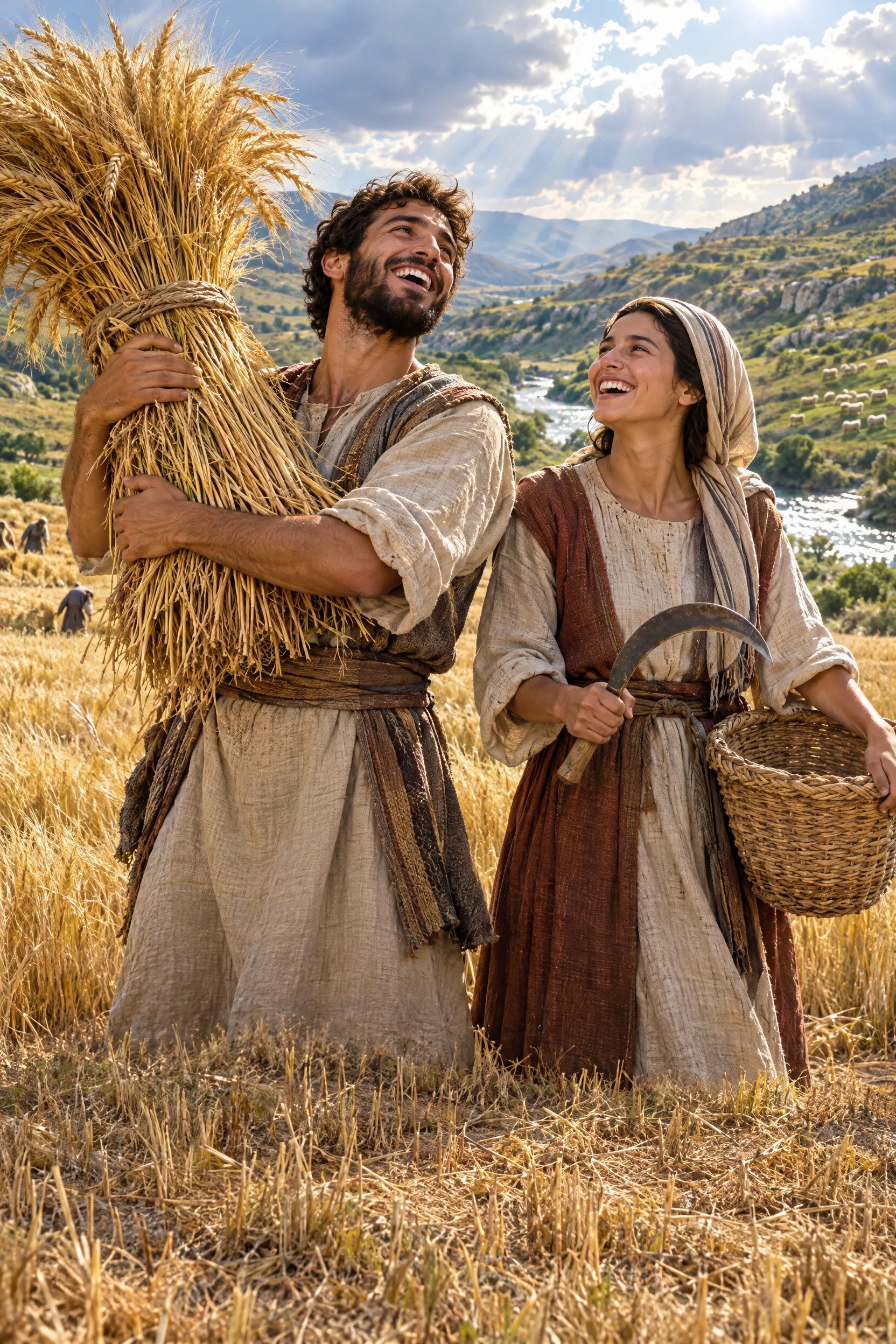 A Farming Couple Laughs in the Harvest Field