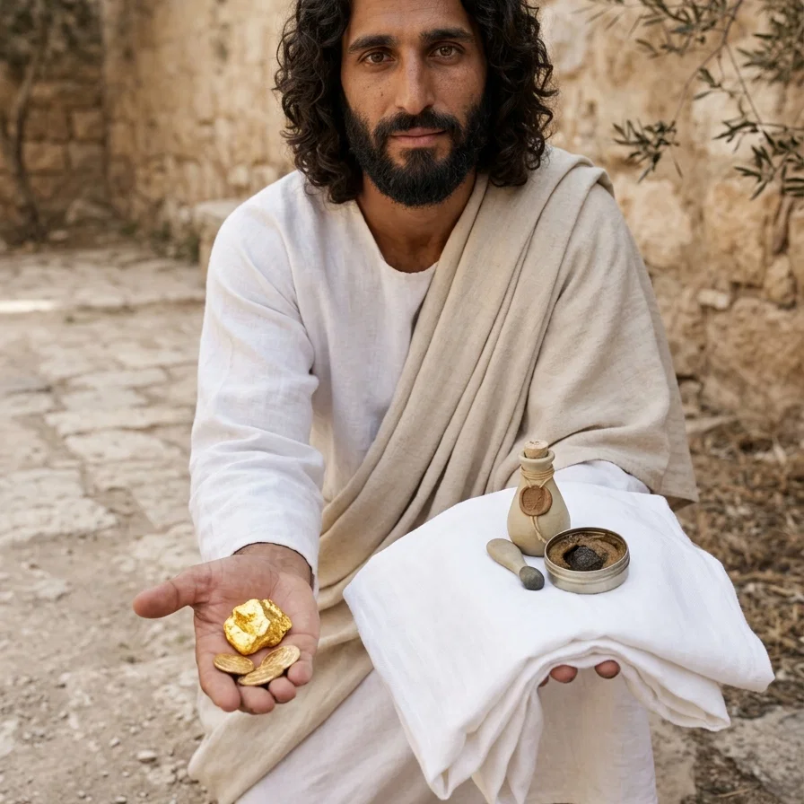 Jesus offering gold, white raiment, and eyesalve - Revelation 3:18
