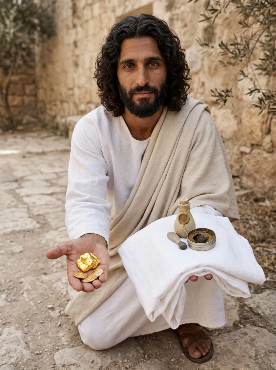 Jesus offering gold, white raiment, and eyesalve - Revelation 3:18