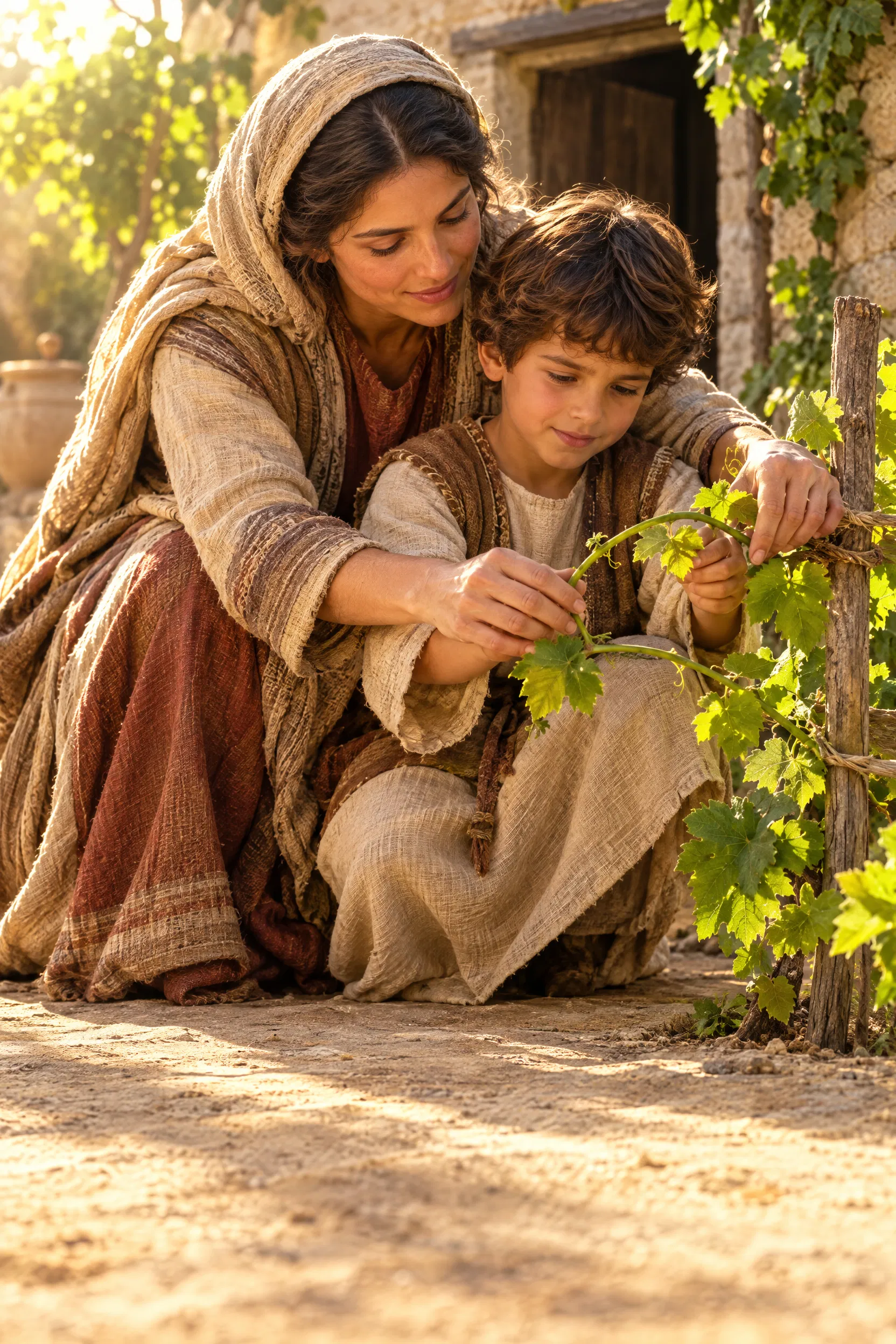 Mother Guides Her Son to Train a Grapevine