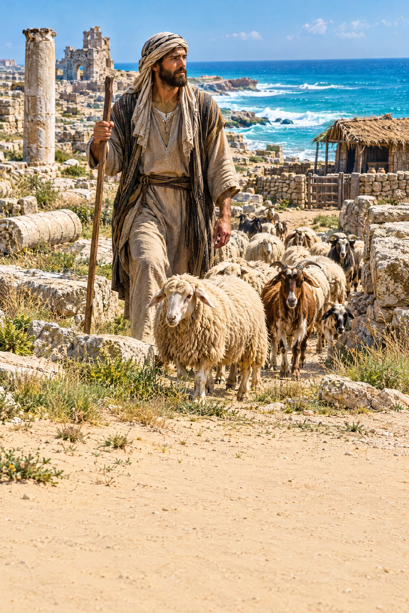 A Shepherd Leads His Flock Among Ashkelon's Ruins