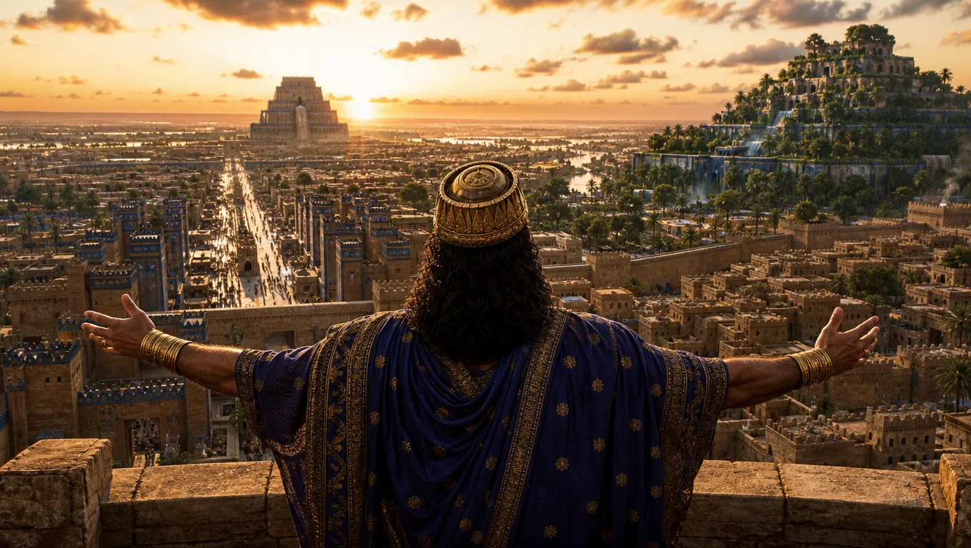 Nebuchadnezzar Overlooks Babylon With Arms Outstretched