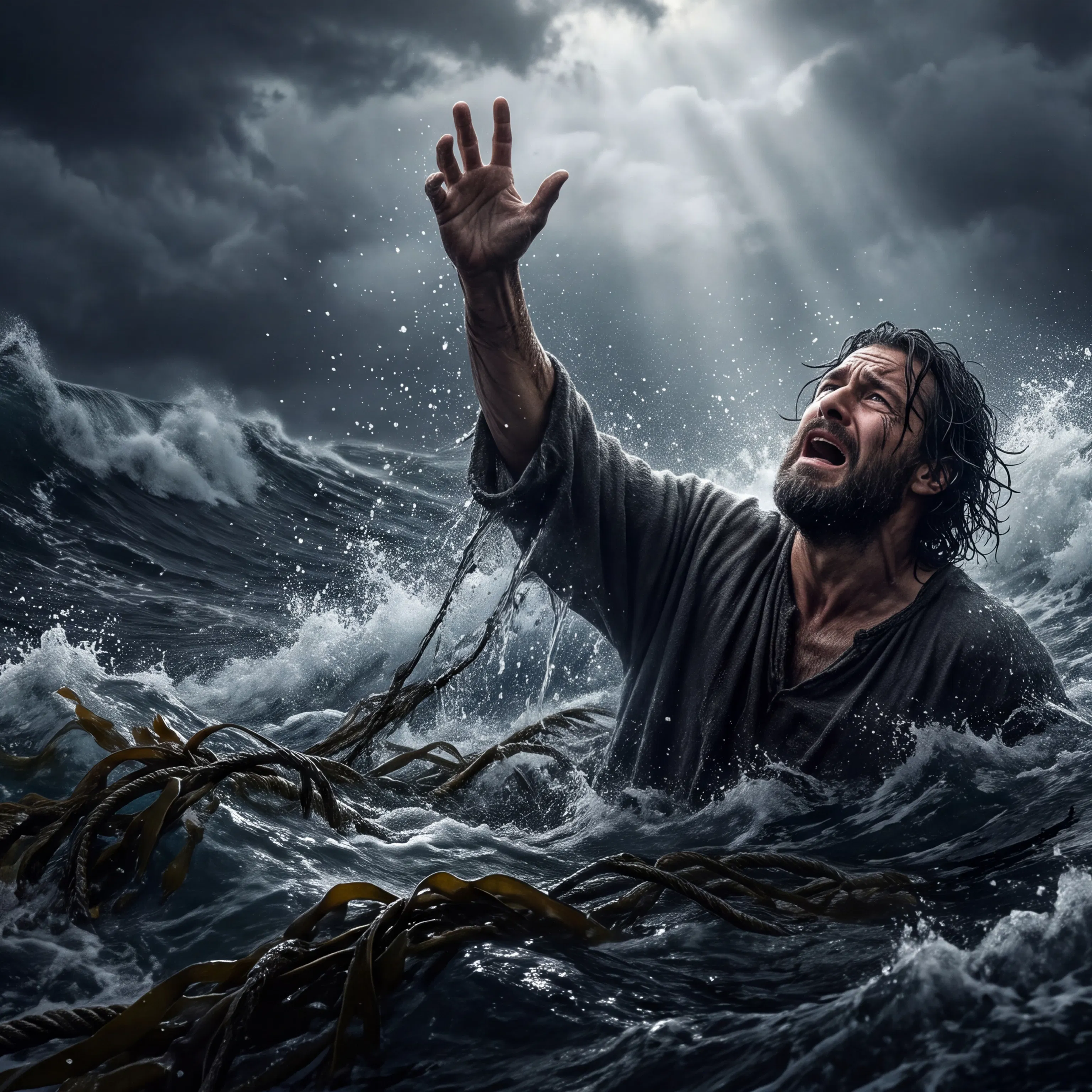Man Cries Out from Stormy Sea Depths