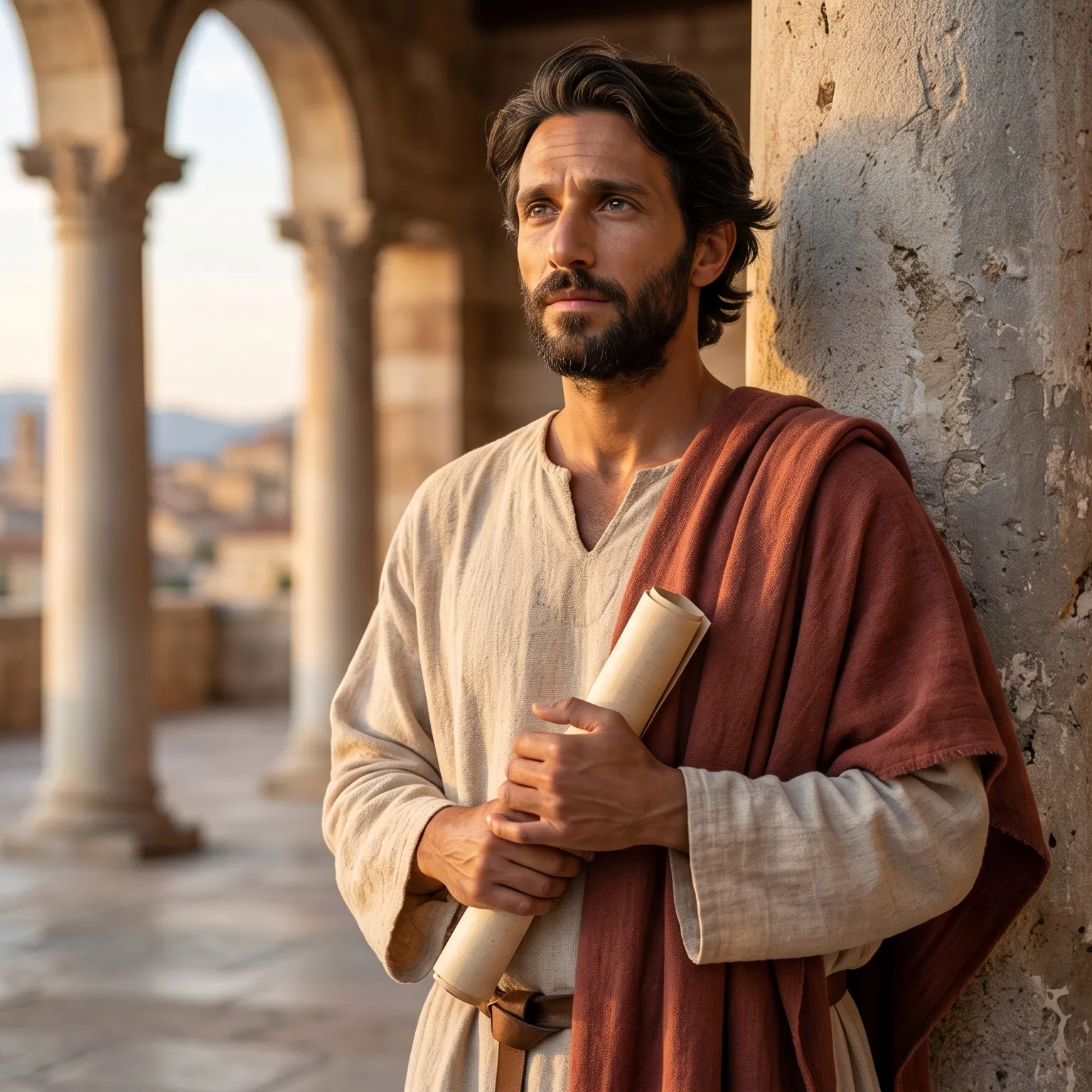 Timothy Waits With a Scroll Under the Colonnade