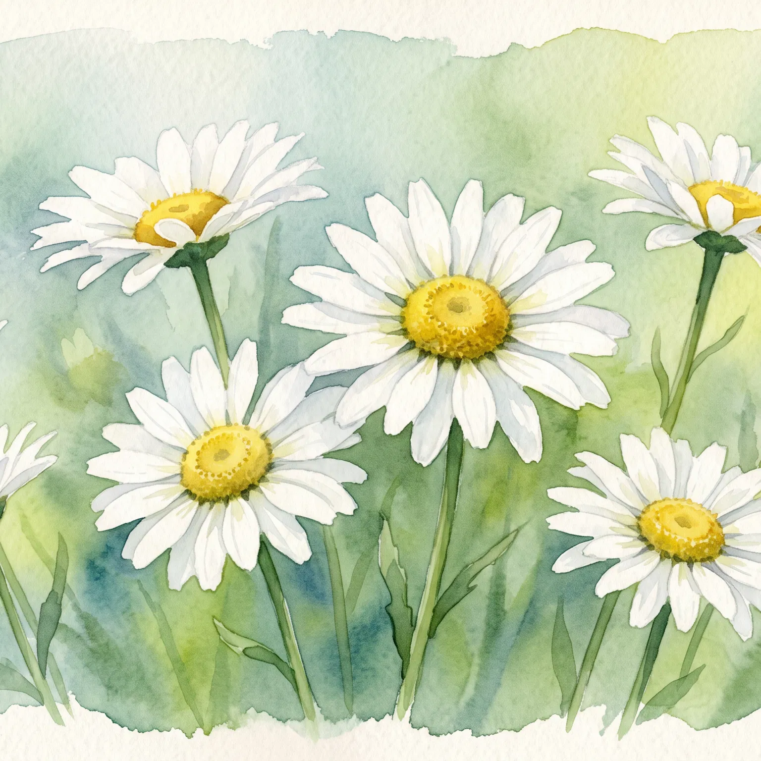 Watercolor Shasta Daisies in a Meadow