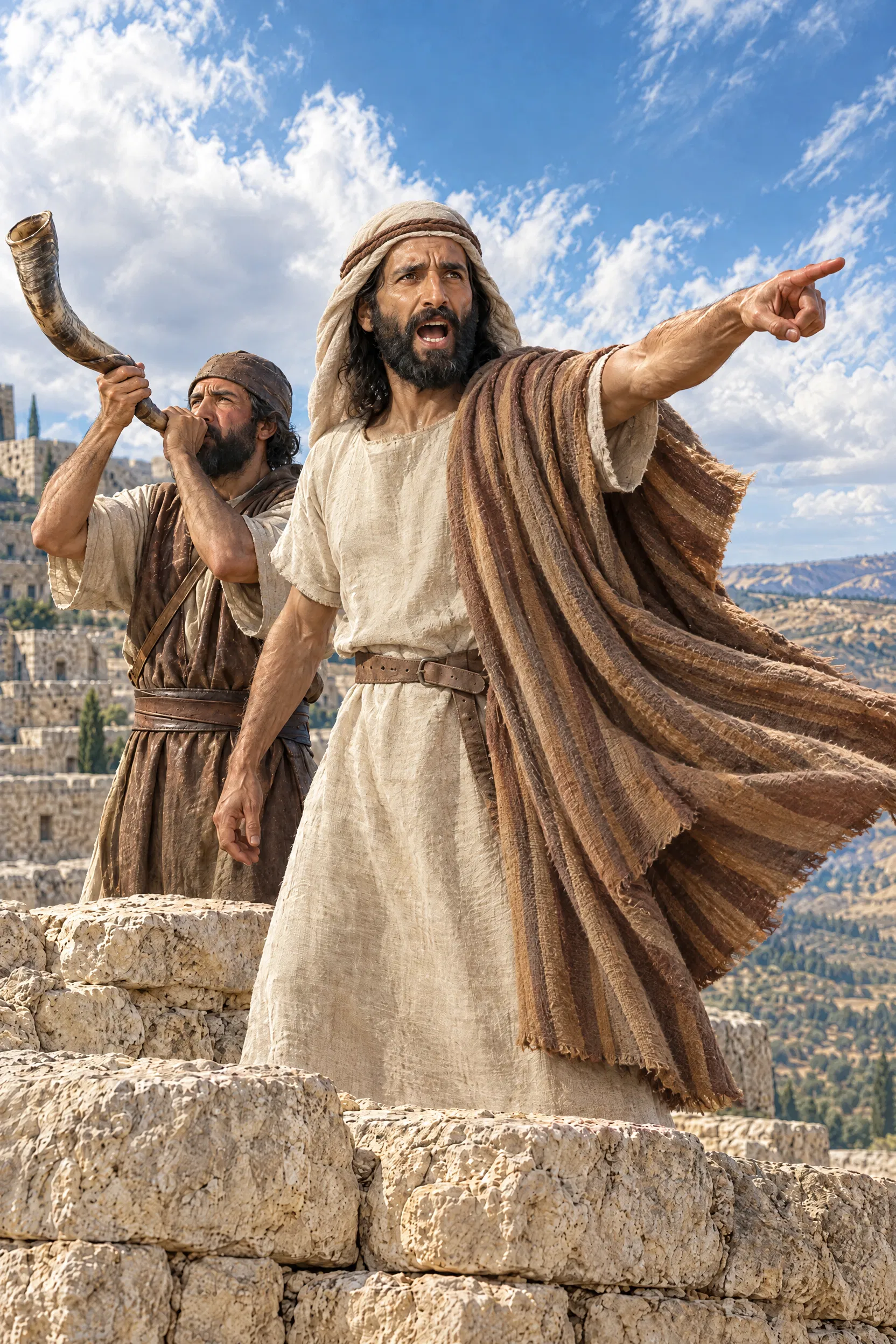Hosea Pointing Toward the Hills as a Trumpet Sounds
