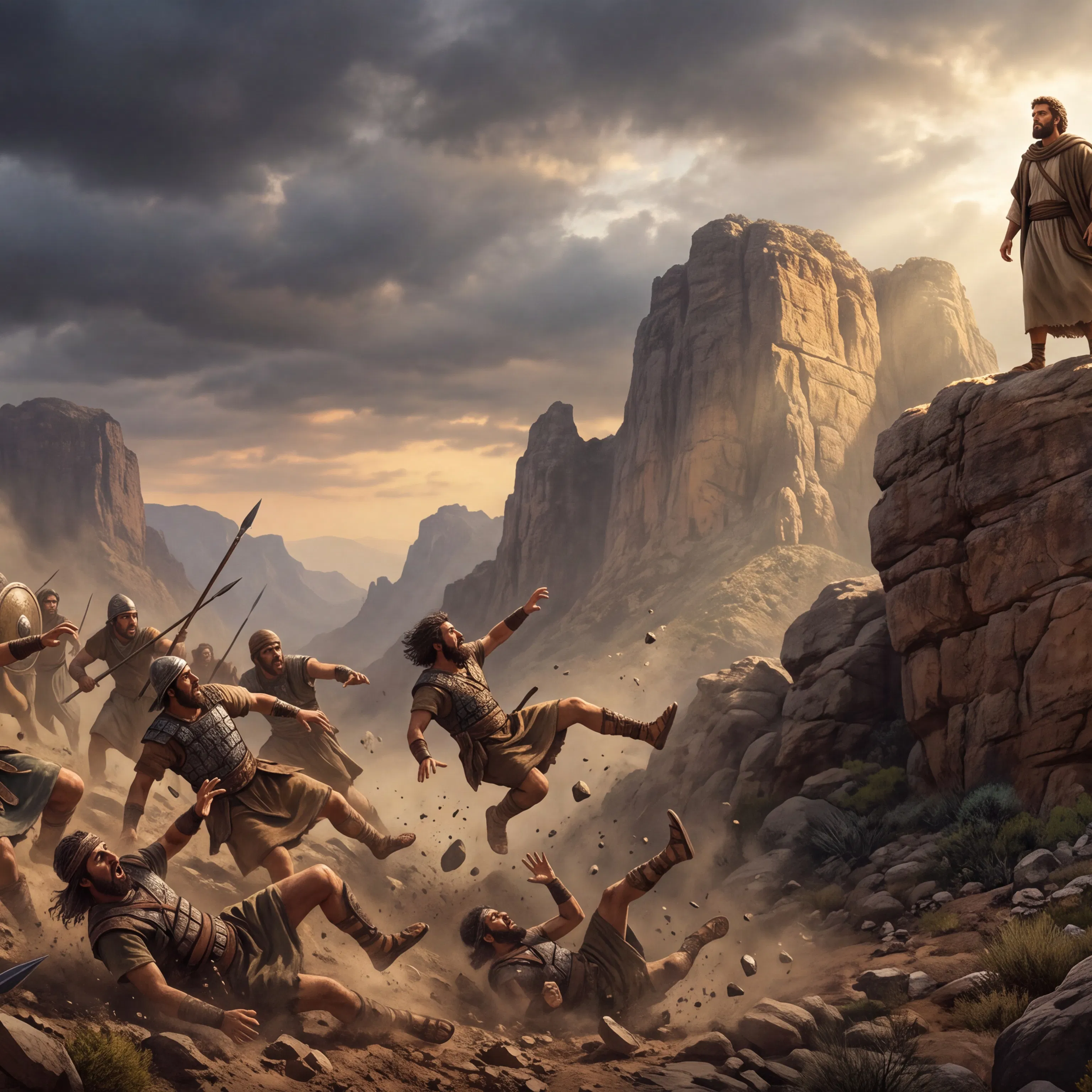 Armed Enemies Stumble and Fall Before a Man on a Rock
