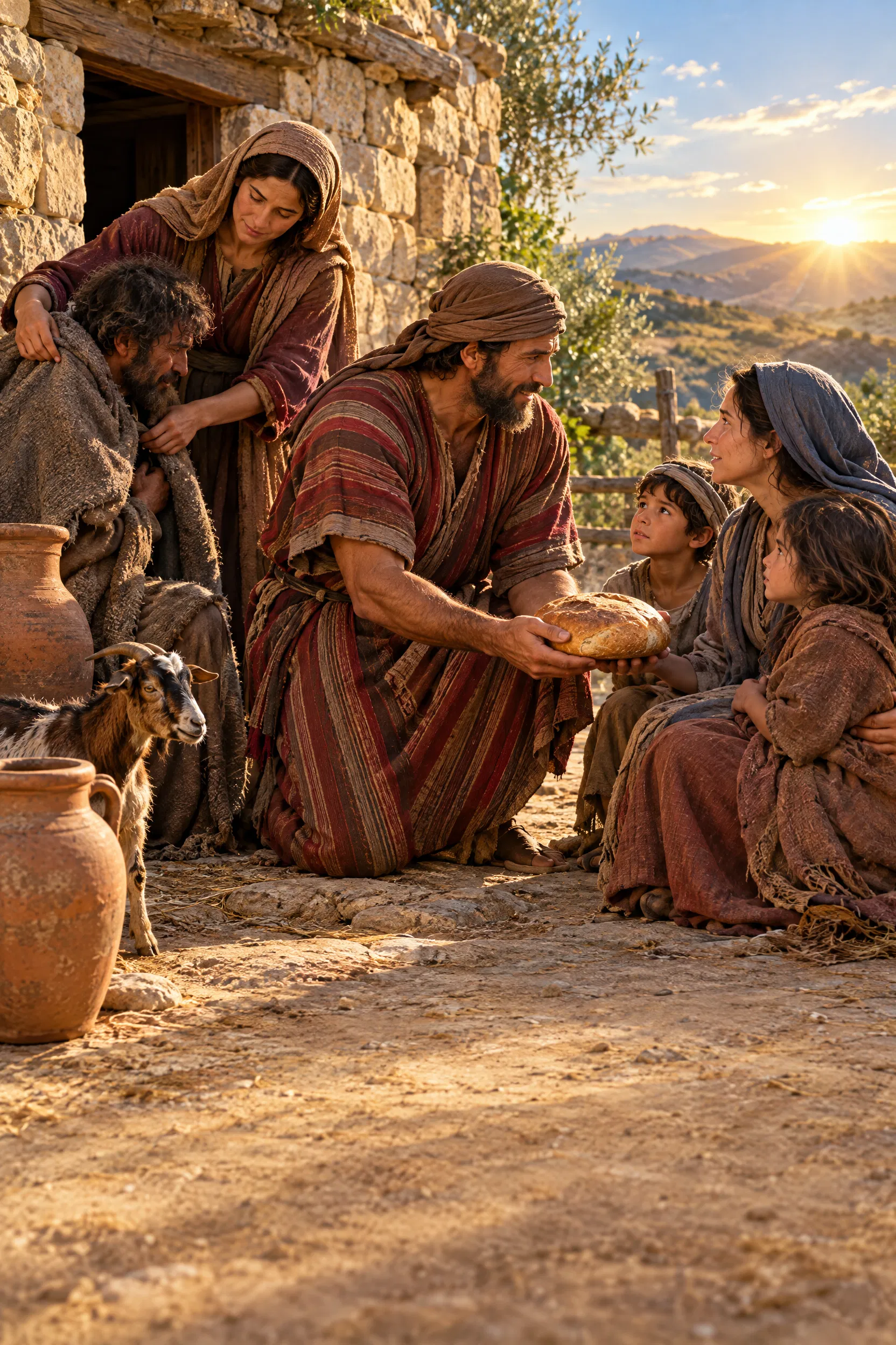 A Farmer Gives Bread to a Hungry Family
