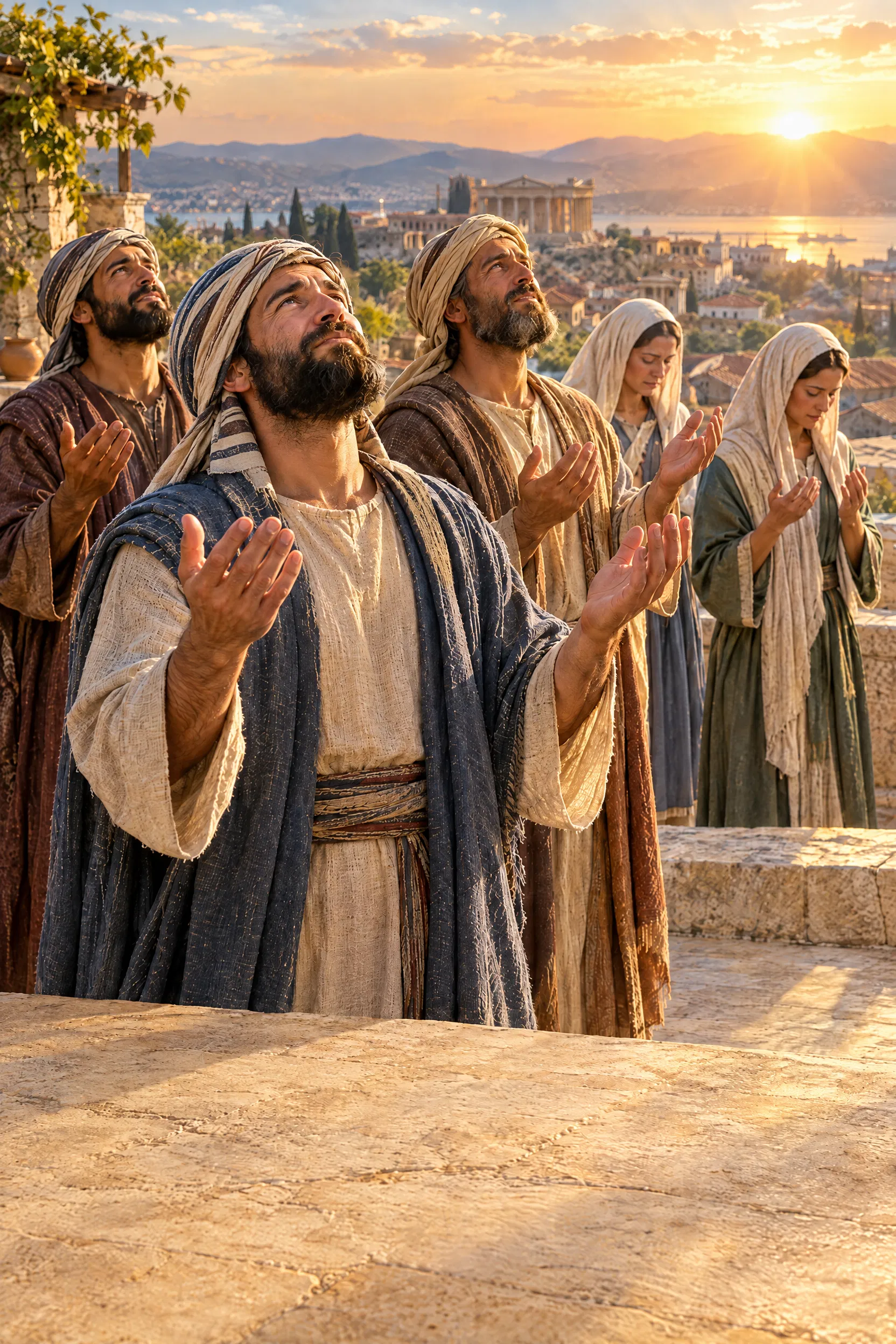Believers Pray with Raised Hands over the City