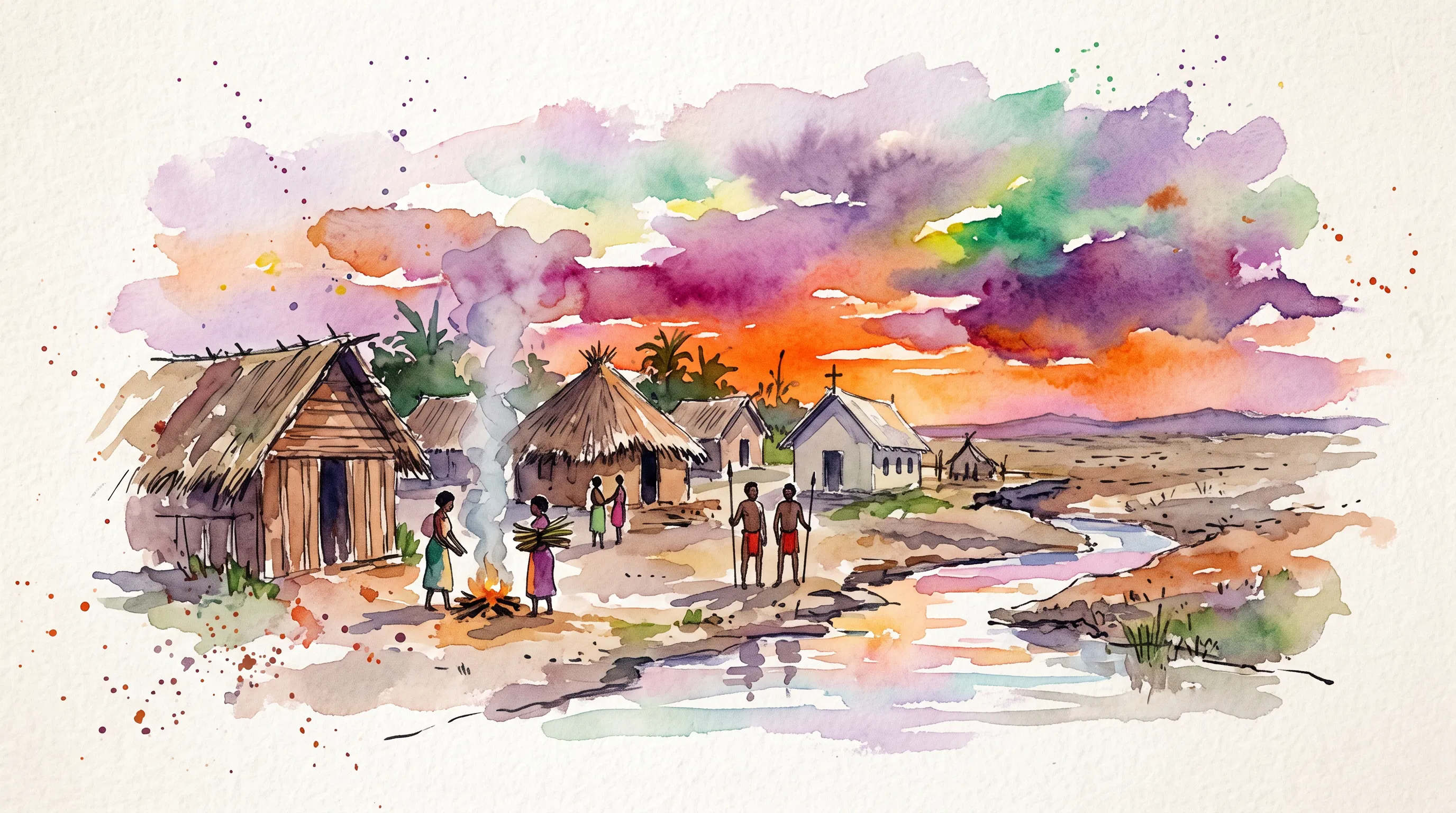 Papua New Guinea Village at Sunset in Watercolor