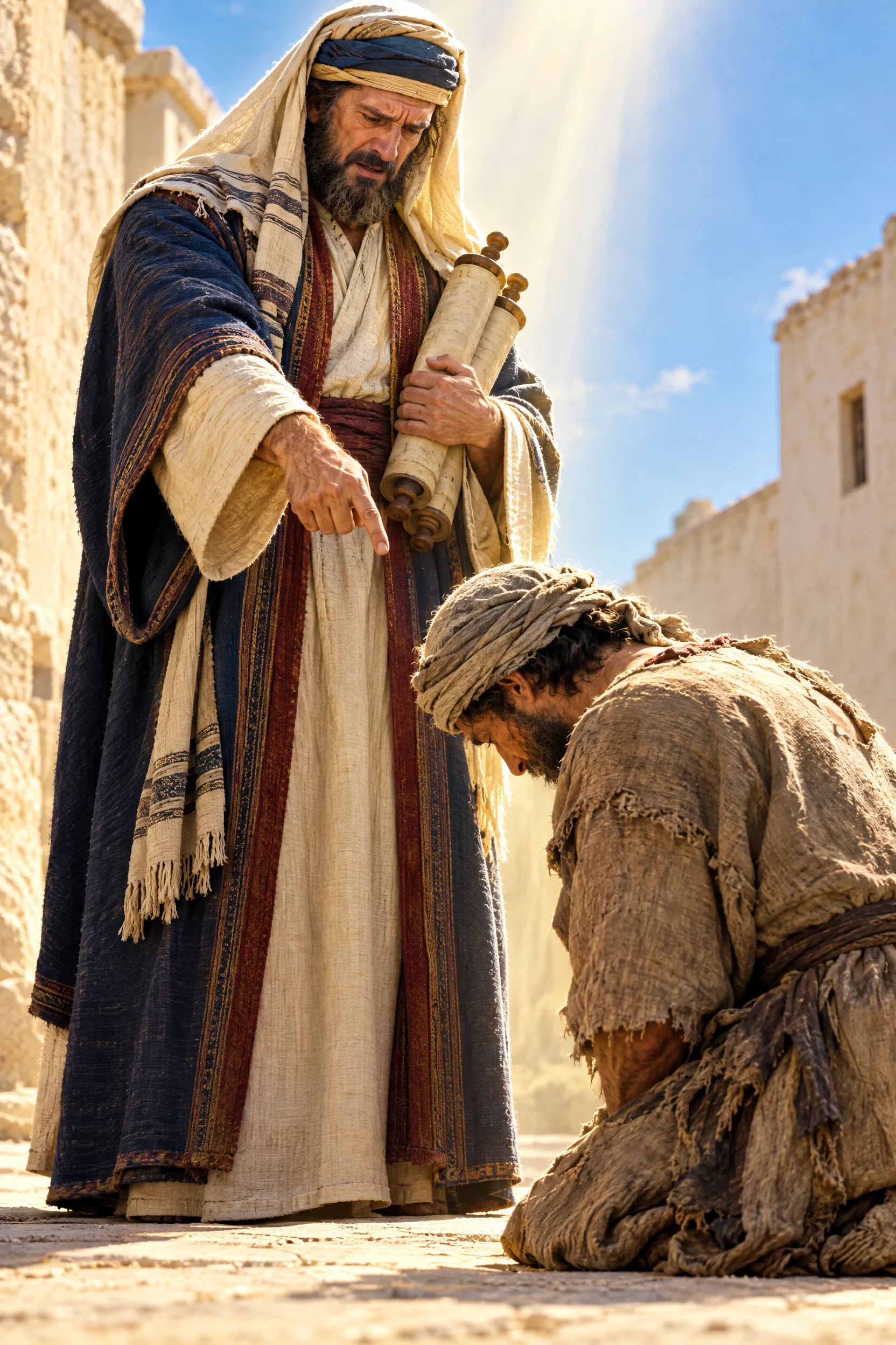 A Proud Teacher Points at a Kneeling Man