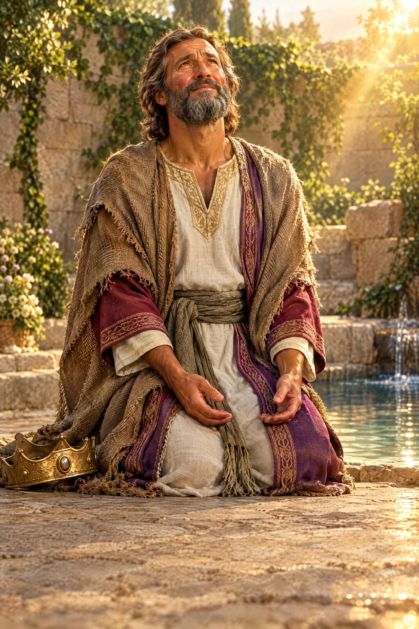 David Kneels Forgiven in a Garden Court