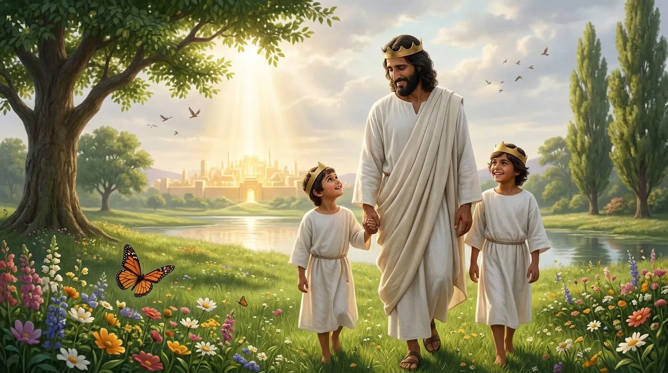 Jesus Walking With Crowned Children in Paradise