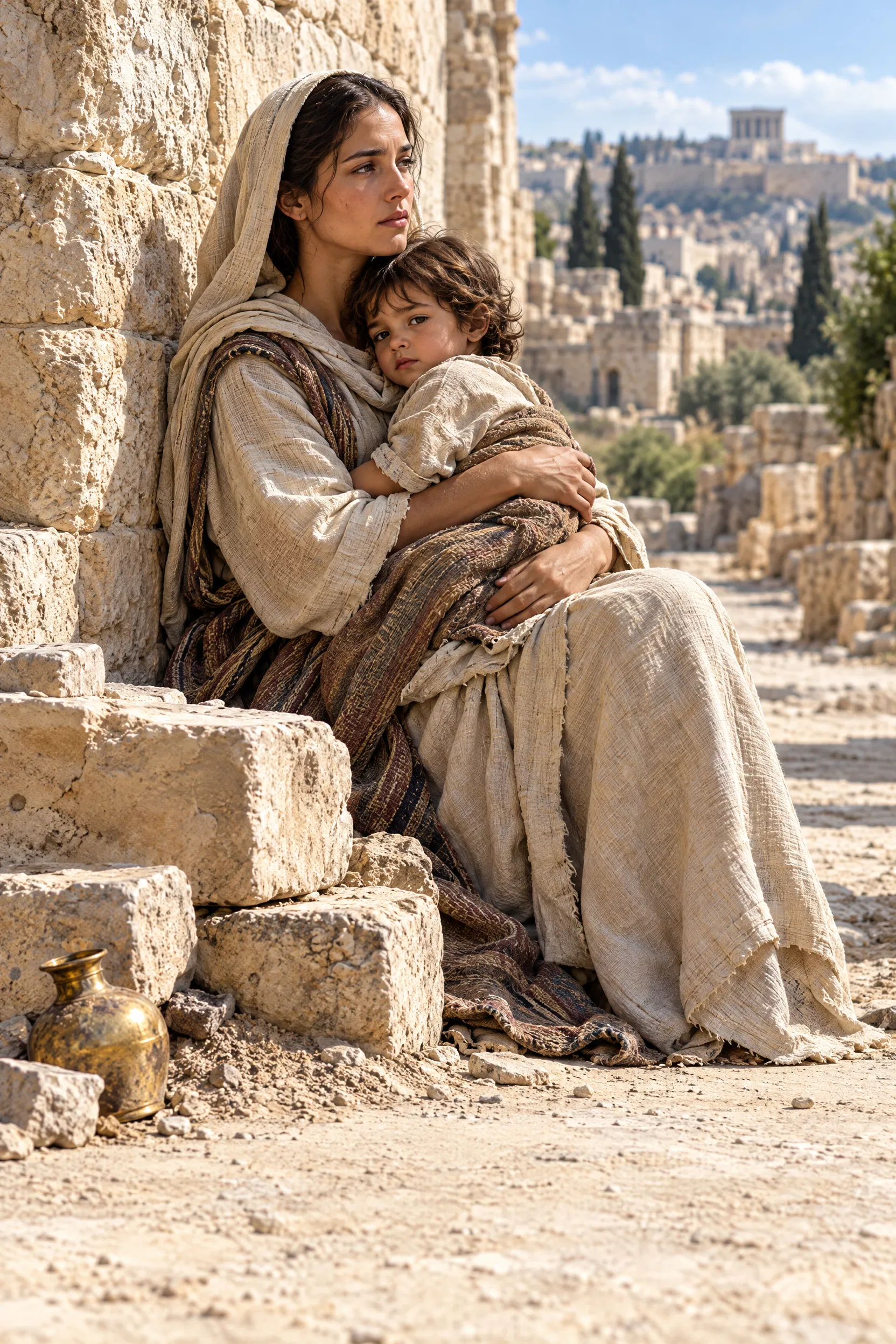 Starving Mother and Child Among Jerusalem's Ruins