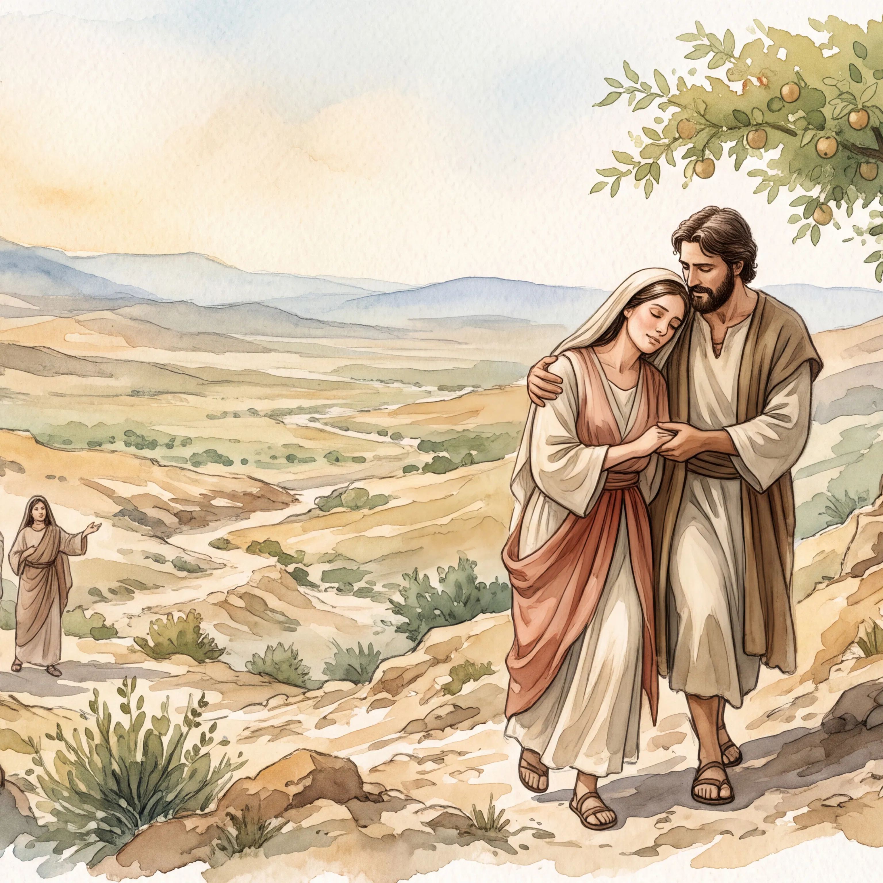 Bride and Beloved Walking Together on a Hillside Path