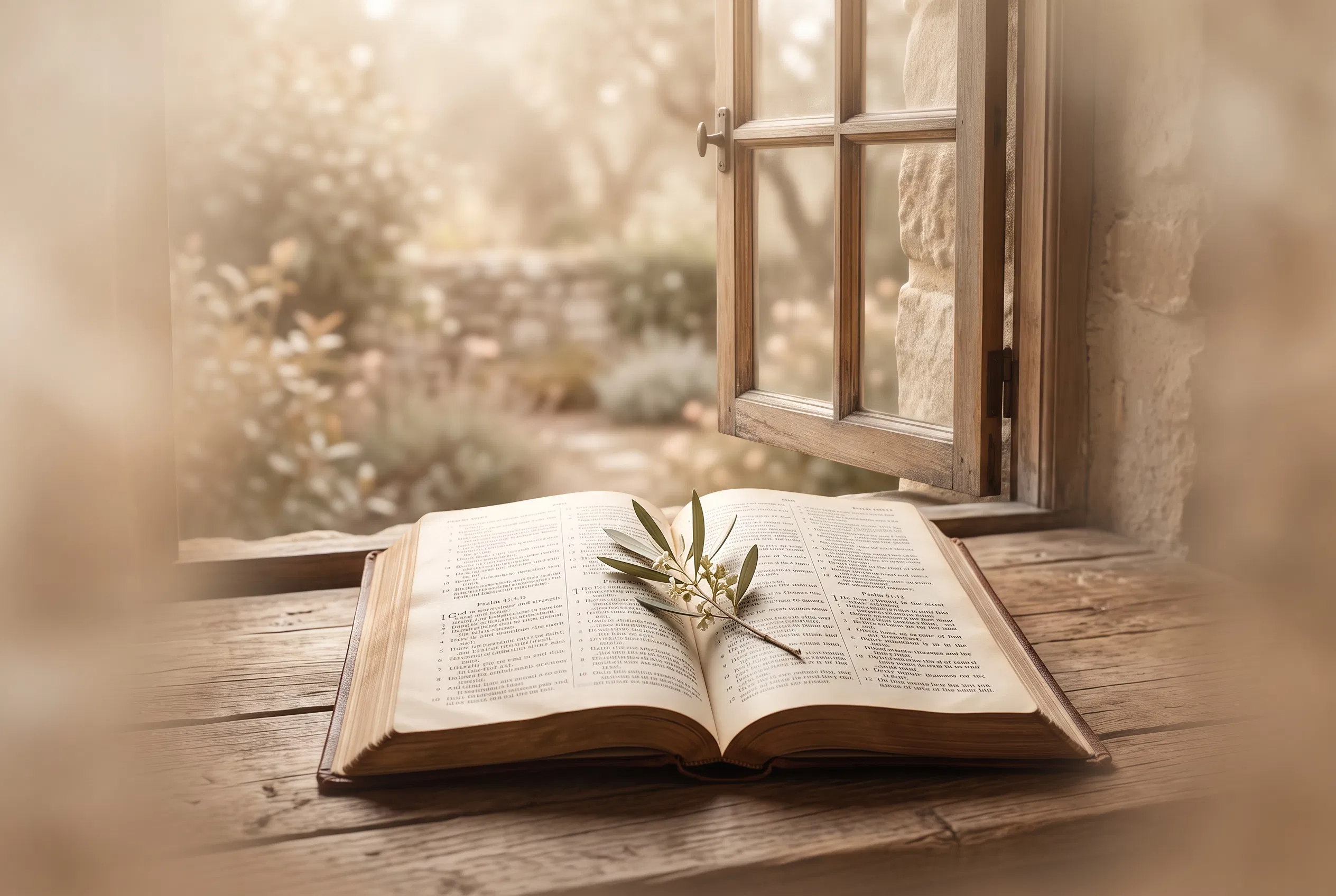 Open Bible With Olive Branch by a Window