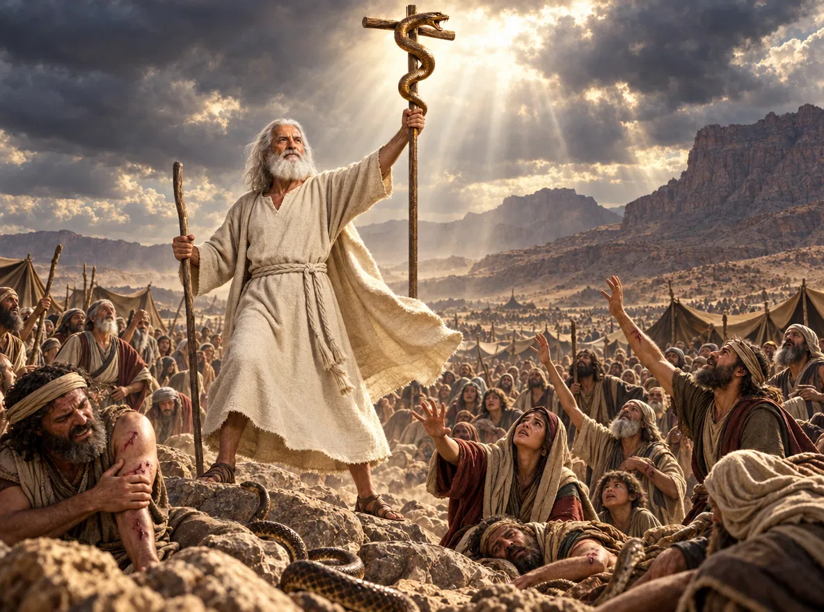 Moses Lifts the Bronze Serpent Before the Israelites