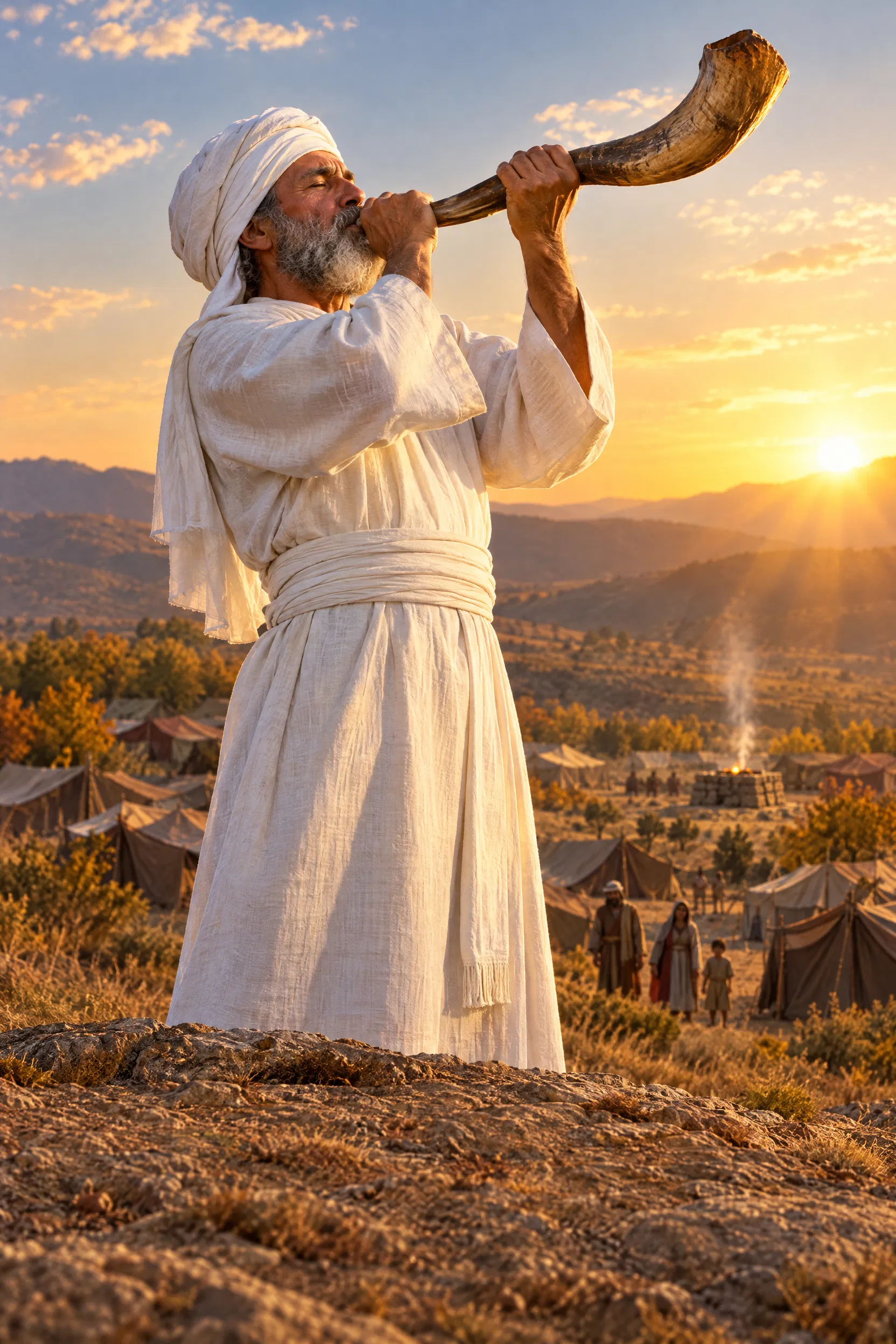 Priest Blows the Ram's Horn Over Israel's Camp