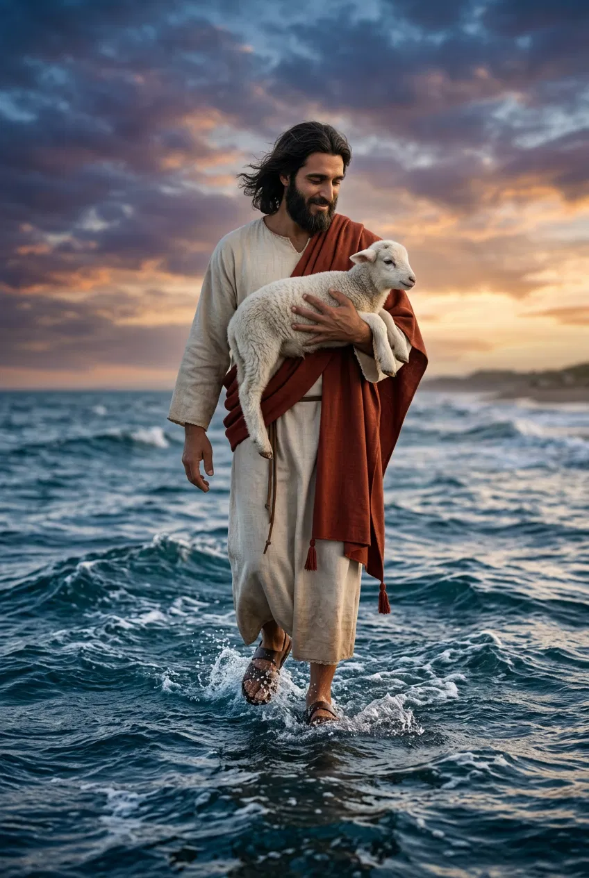Jesus Walking on the Sea Carrying a Lamb