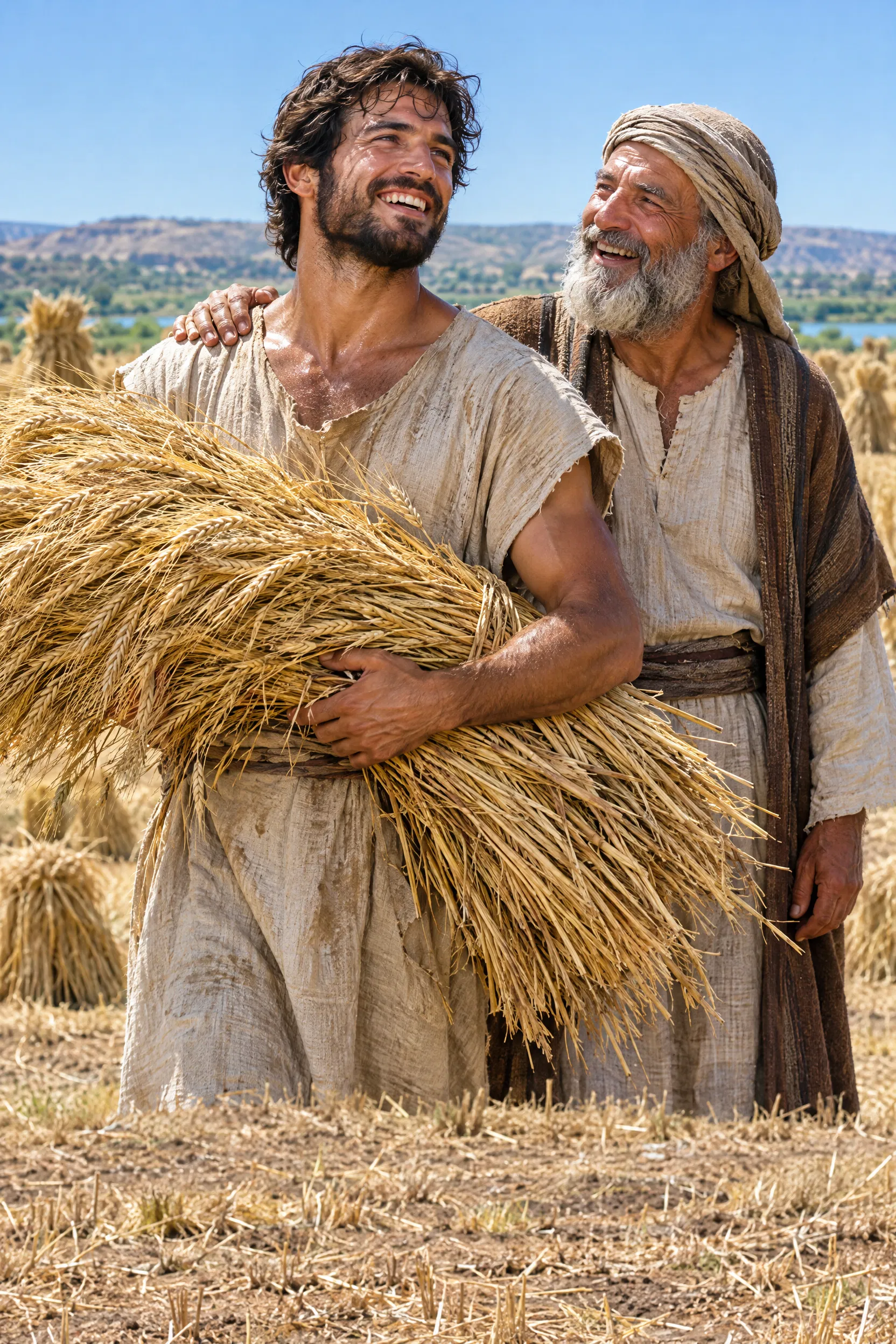 Father Laughs With His Son Carrying Barley