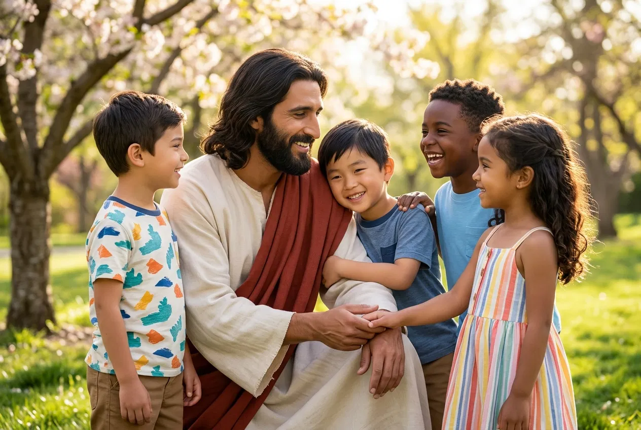 Jesus Smiles With Children in a Blossoming Orchard