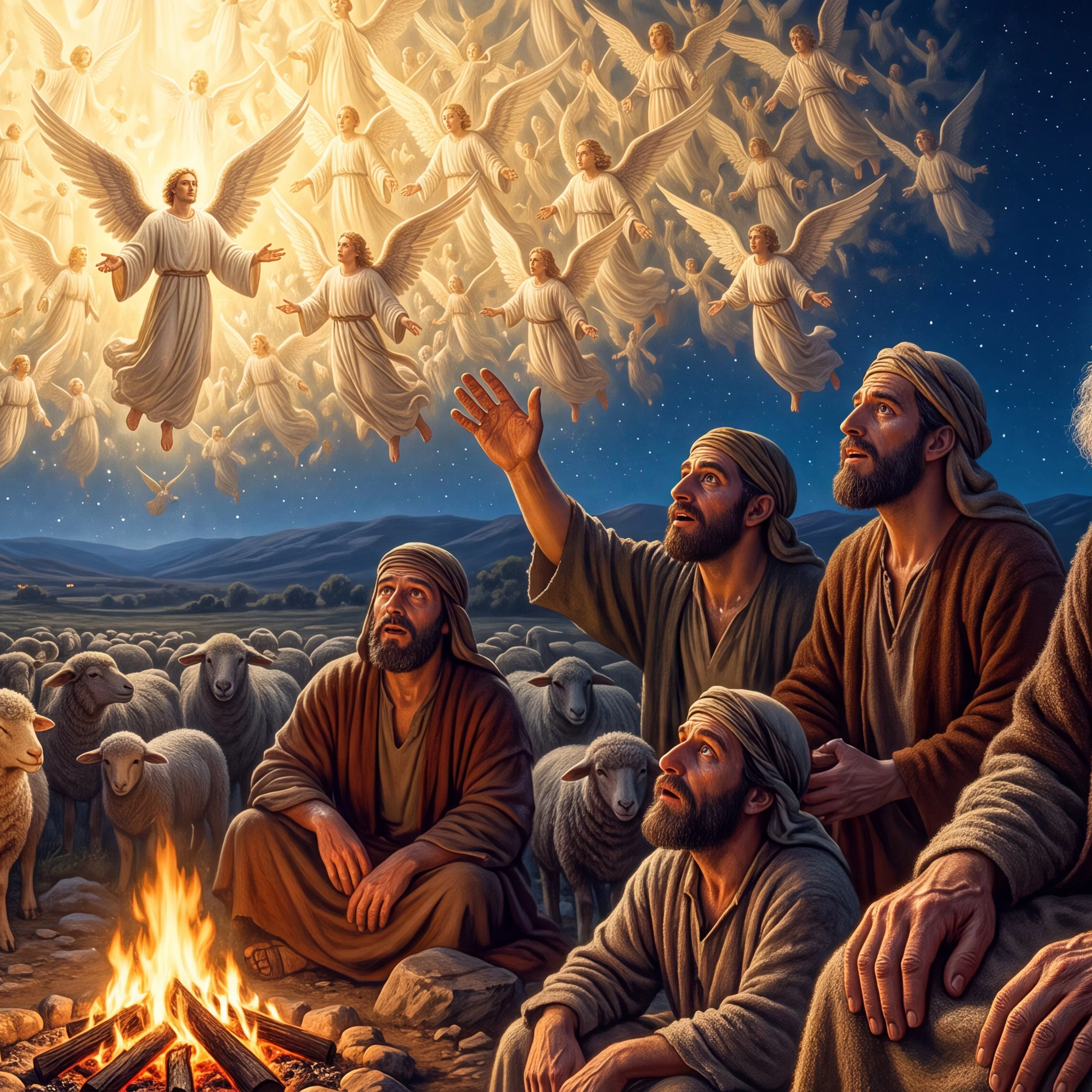 Angels appear to shepherds to herald the birth of the Messiah