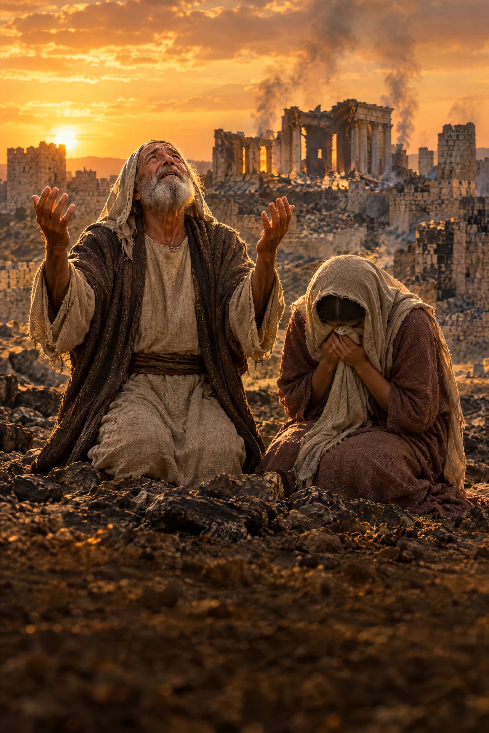 Elderly Man and Woman Mourn Among Jerusalem Ruins