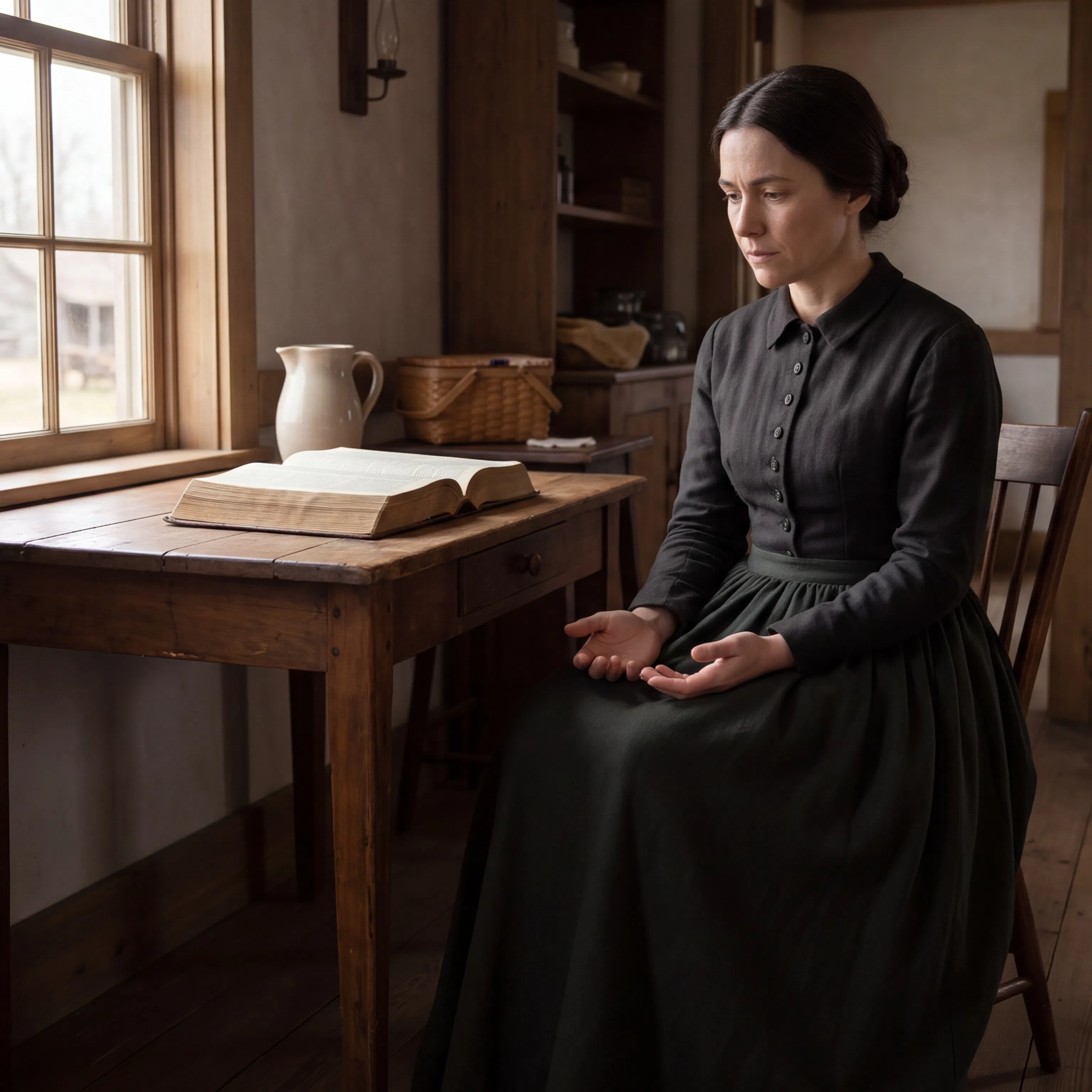 Woman Sitting Beside an Open Bible on a Table