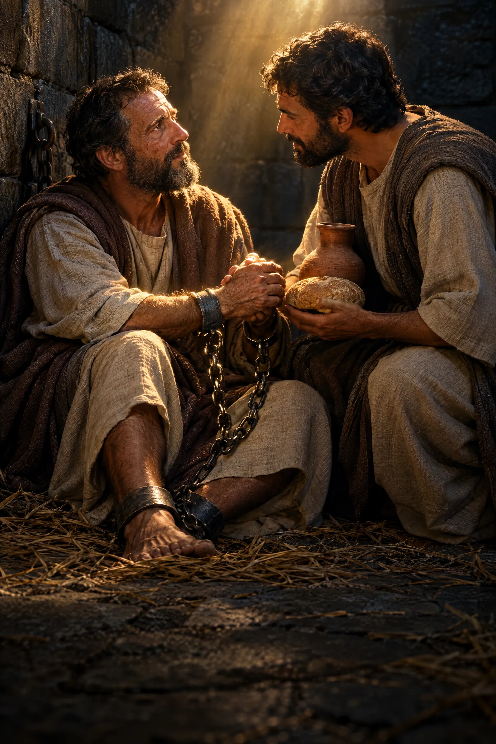 A Prisoner in Chains Receives Bread and Water