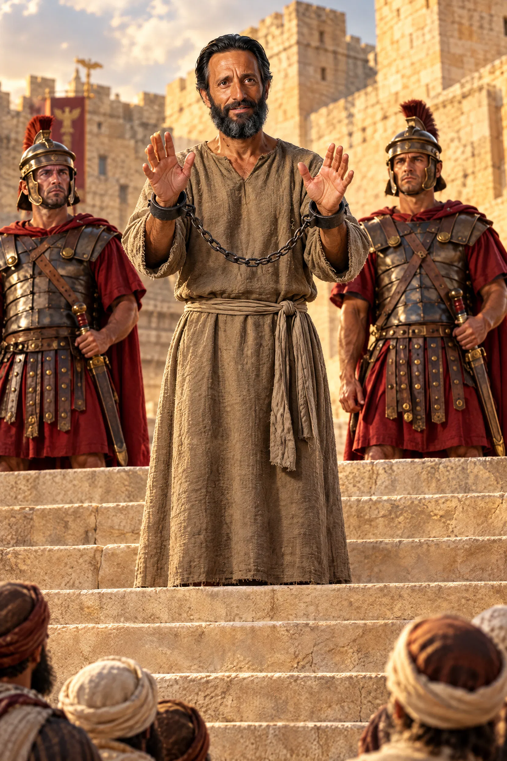 Paul in Chains Speaks from the Fortress Steps