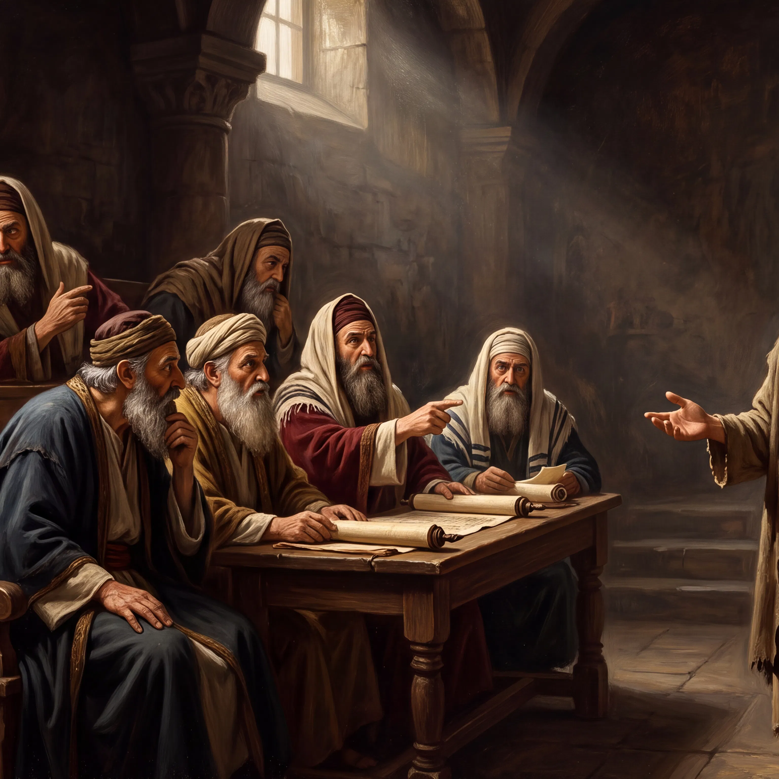 Man in Rough Robe Speaks Before Council of Elders