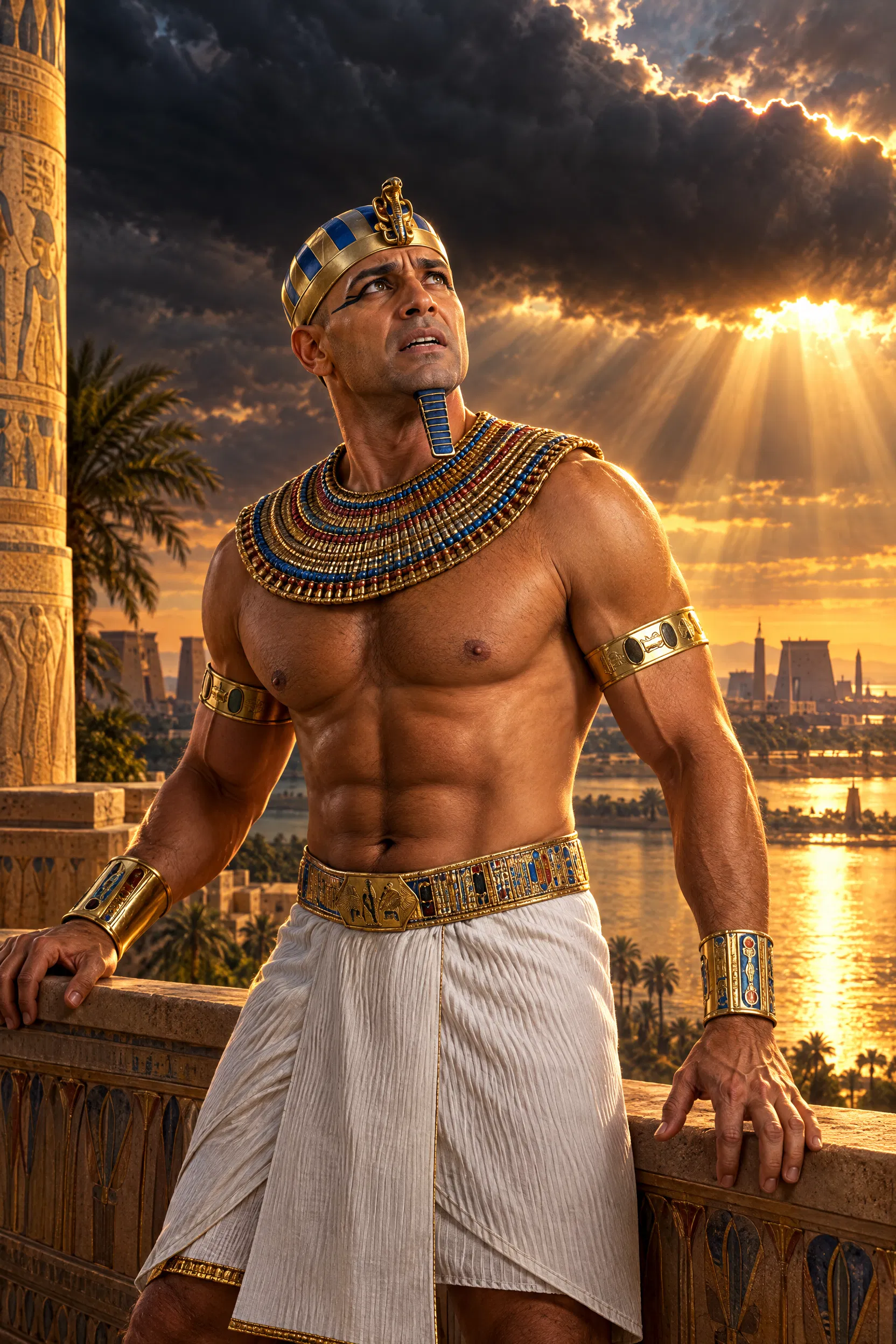 Pharaoh Gazes at a Darkening Sun Over the Nile