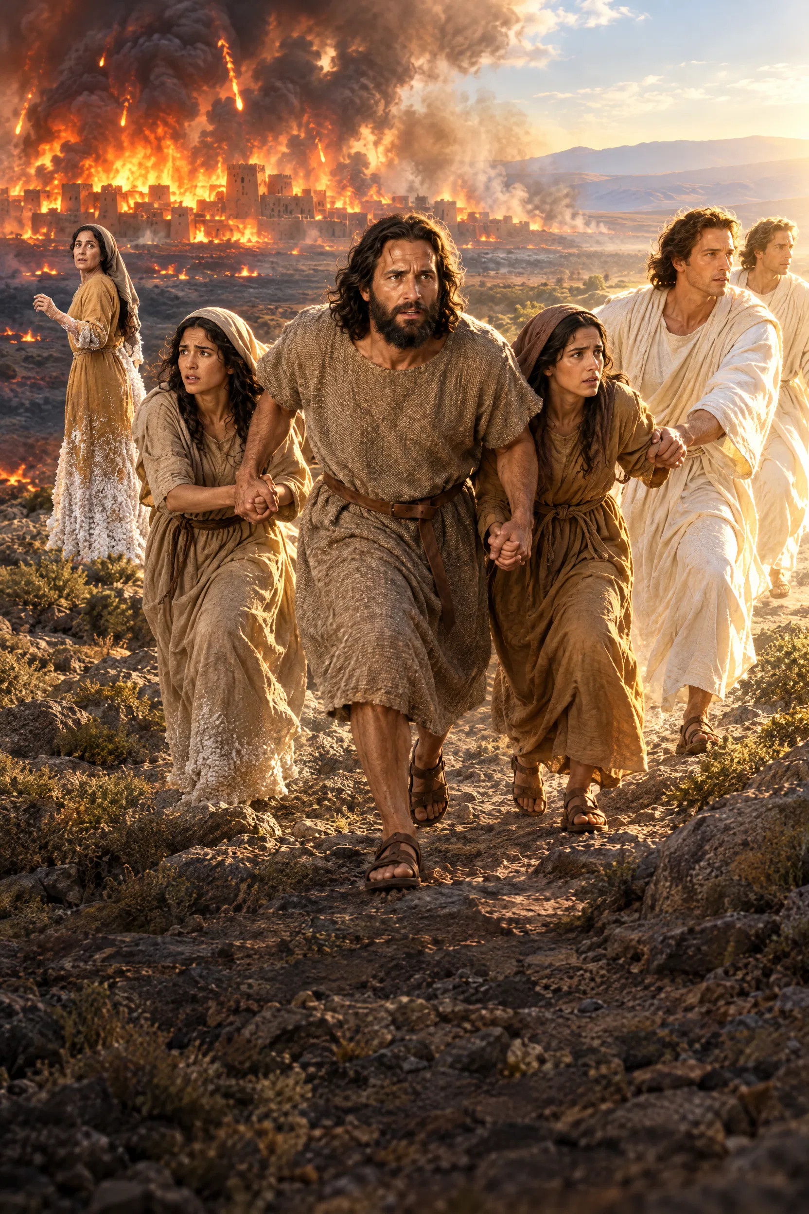 Lot and His Family Flee Burning Sodom