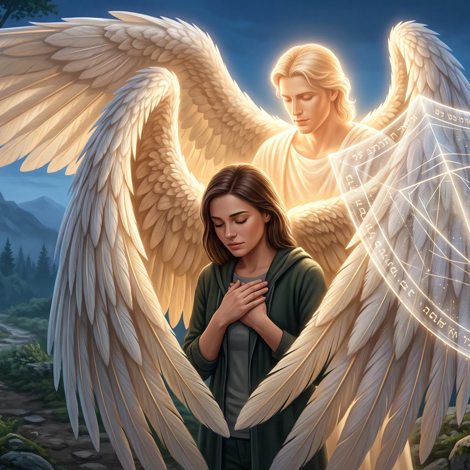 An Angel Shields a Praying Woman With Its Wings