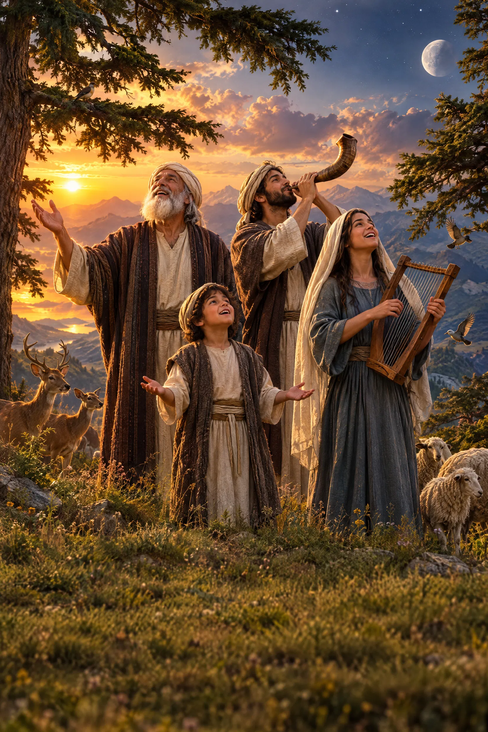 A Family Sings Praise on a Mountain at Sunset