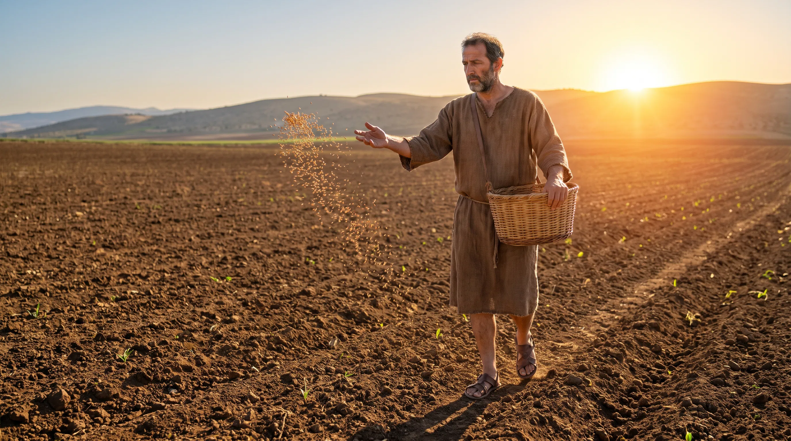 Sower Scattering Seed in a Plowed Field at Sunrise