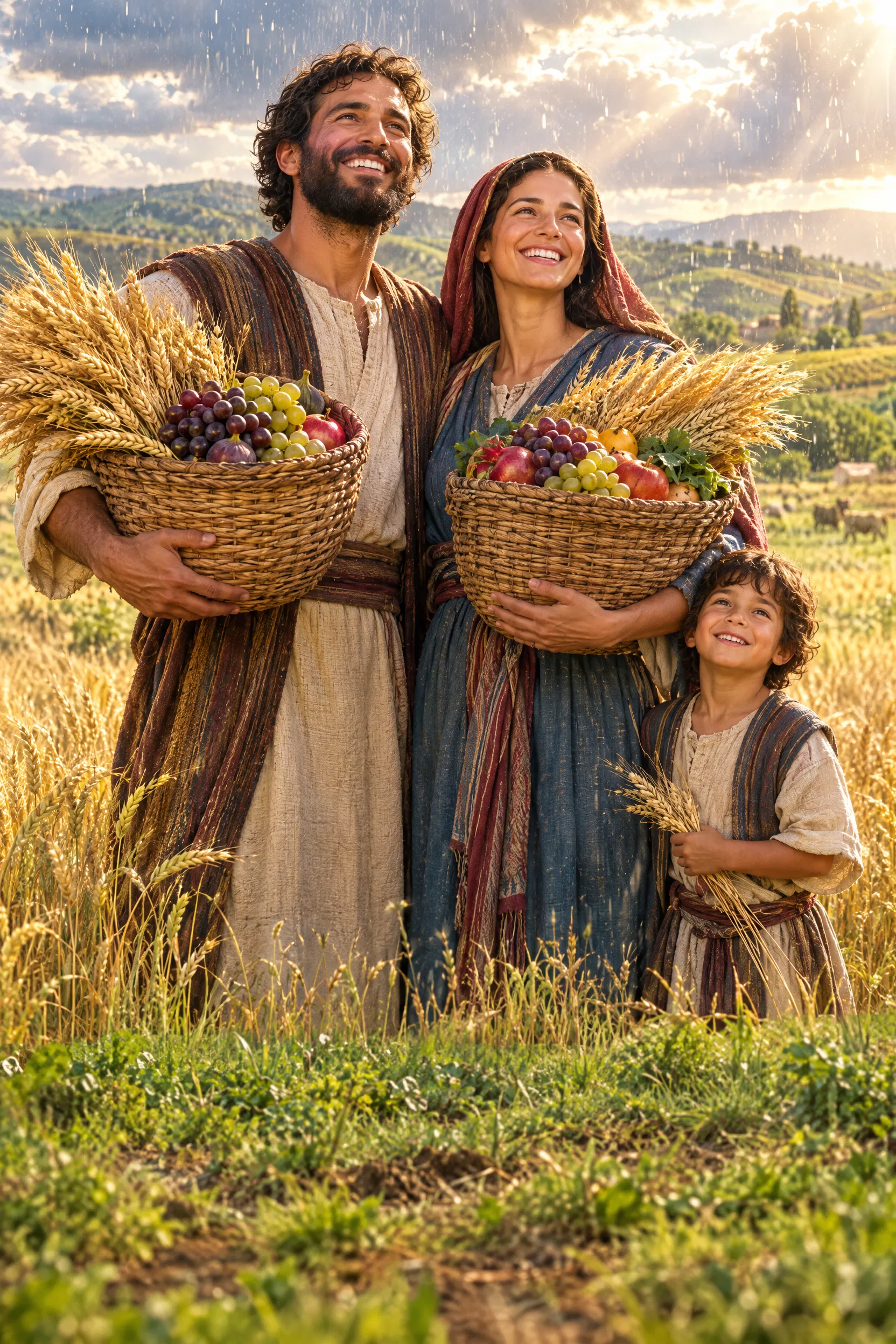 Family Blessed With Harvest and Rain in the Field