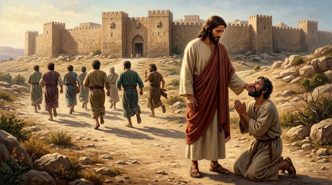 One Healed Leper Kneels Before Jesus