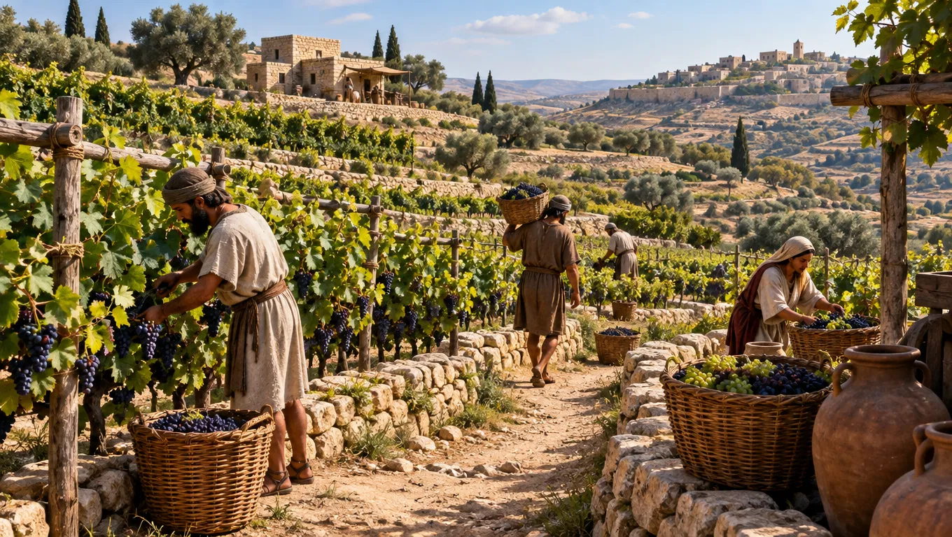 Gathering Grapes in a Vineyard
